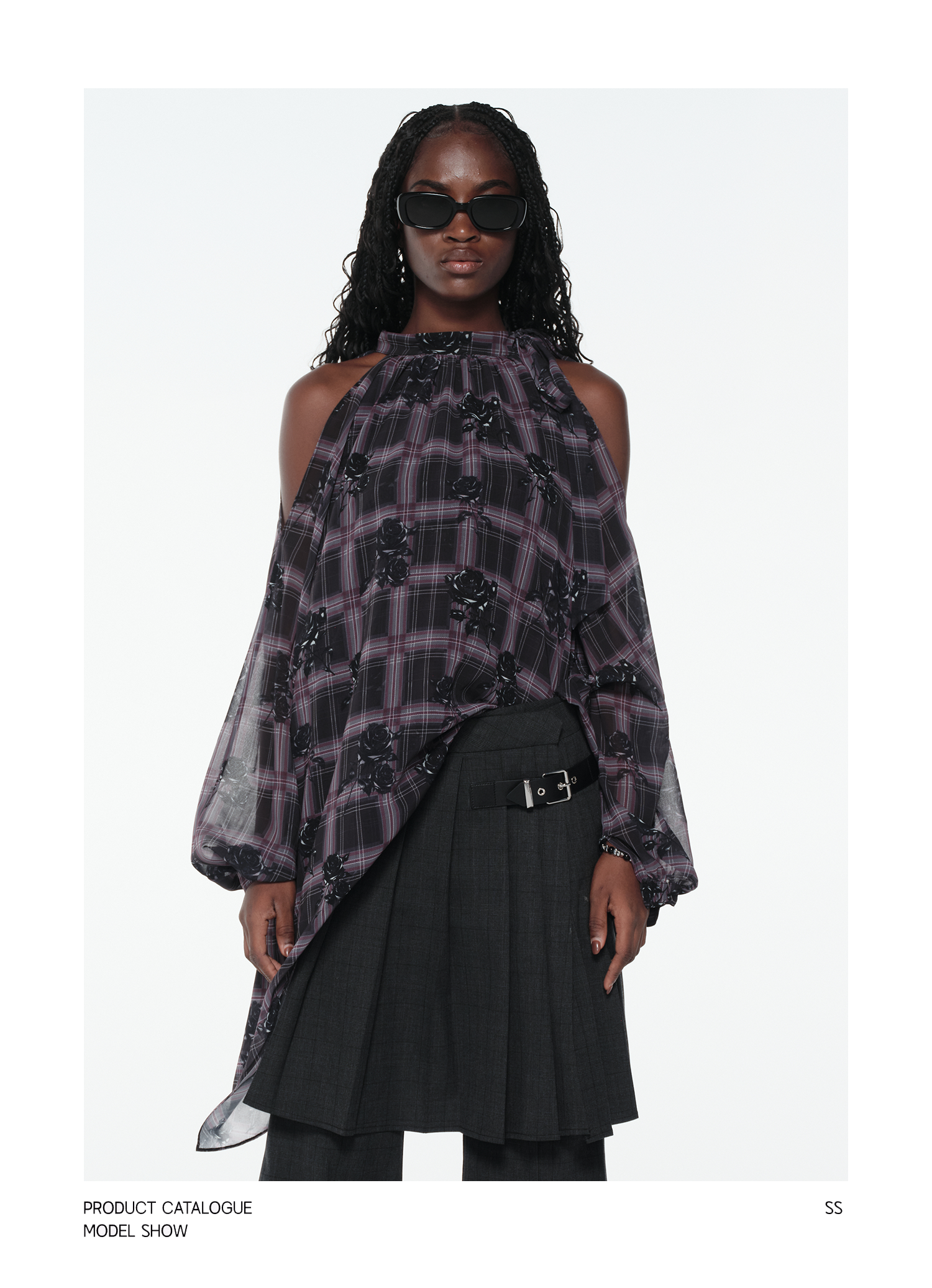 KIMUSSO “Sculptural Black Rose” Purple Plaid Halter Neck Off-Shoulder Top