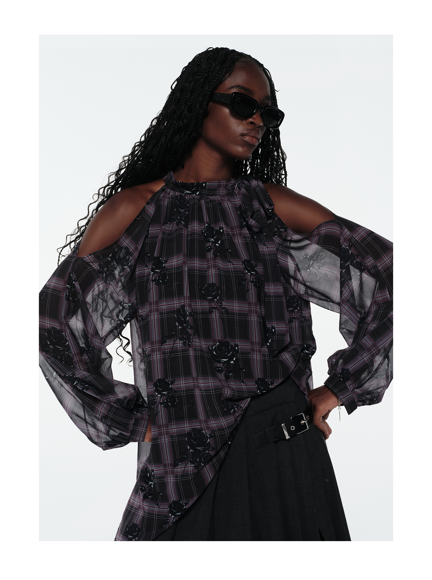 KIMUSSO “Sculptural Black Rose” Purple Plaid Halter Neck Off-Shoulder Top