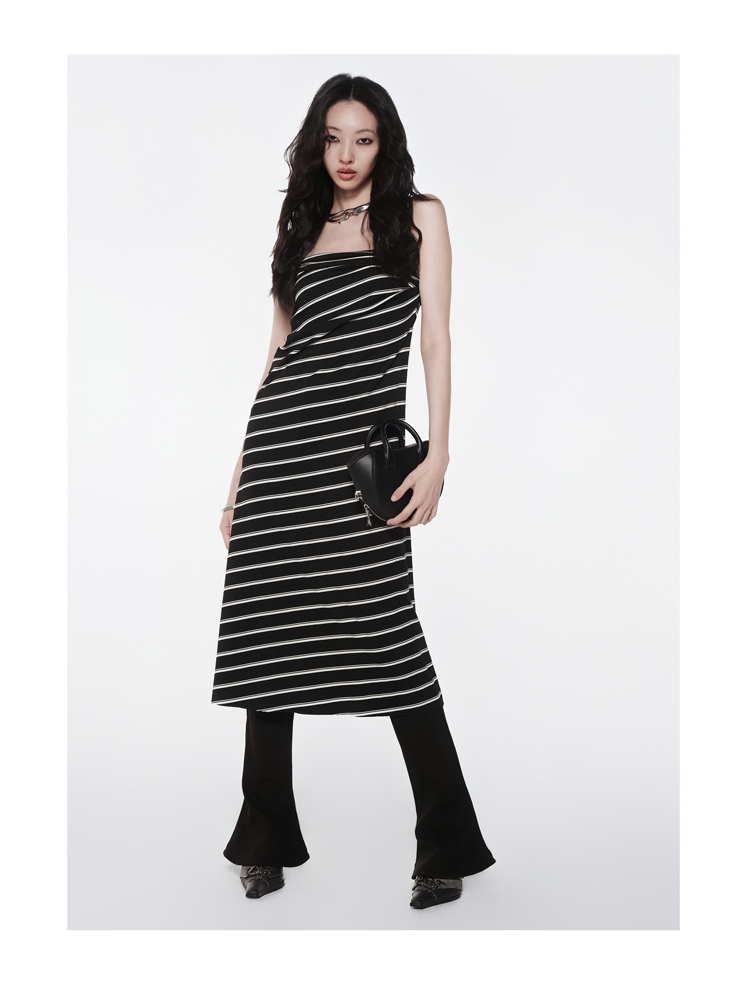 KIMUSSO “Ink & Ivory” Relaxed Striped Slim-Fit Maxi Dress — Original Designer Piece