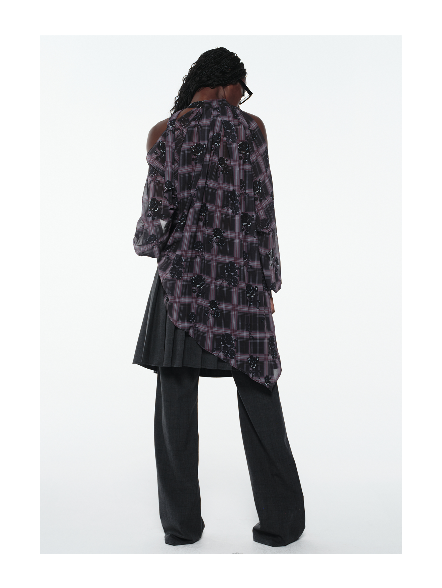 KIMUSSO “Sculptural Black Rose” Purple Plaid Halter Neck Off-Shoulder Top