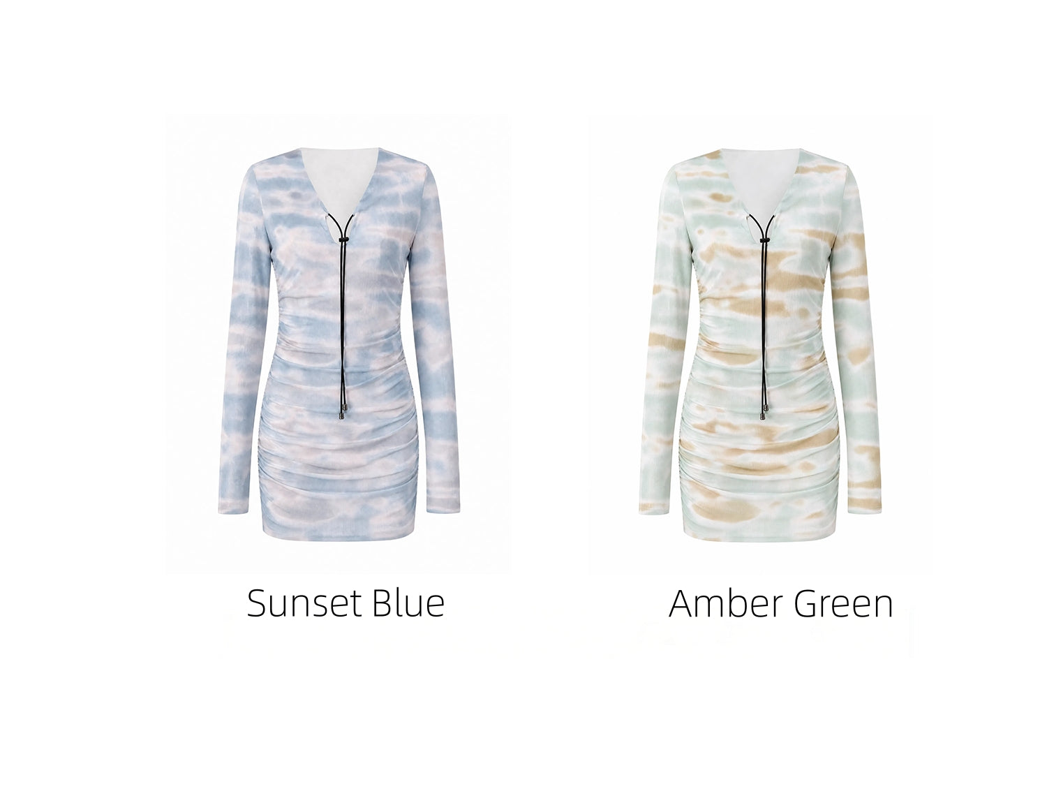 KIMUSSO Sunset Blue Ombre Drawstring Long Sleeve Dress