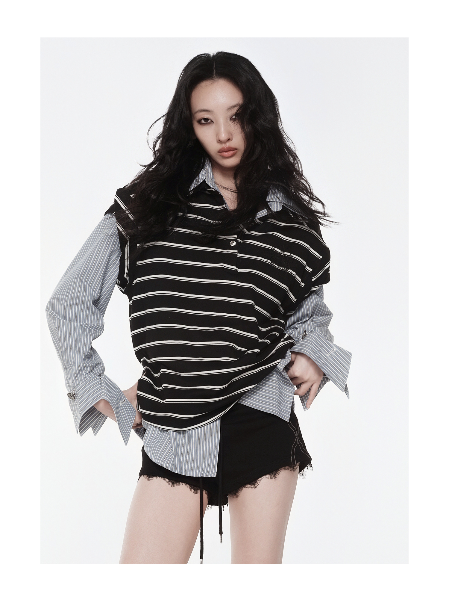 Layered Collar Striped Polo Top | KIMUSSO