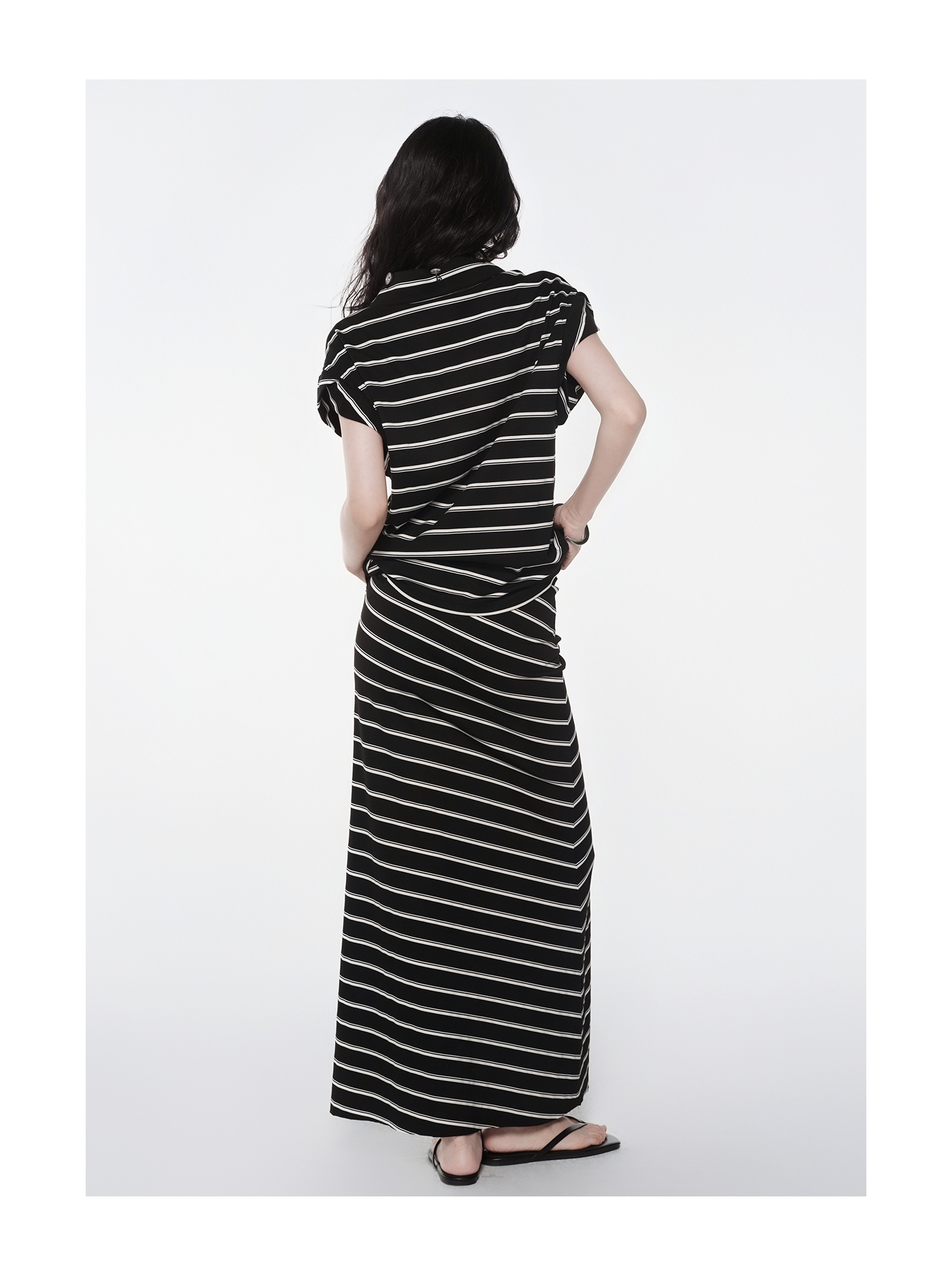 KIMUSSO “Ink & Ivory” Relaxed Striped Slim-Fit Maxi Dress — Original Designer Piece