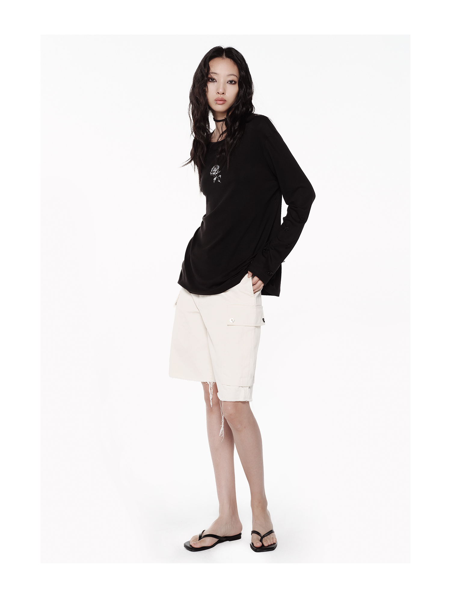 KIMUSSO Ice Thorn Rose 3D Floral Long-Sleeve Top