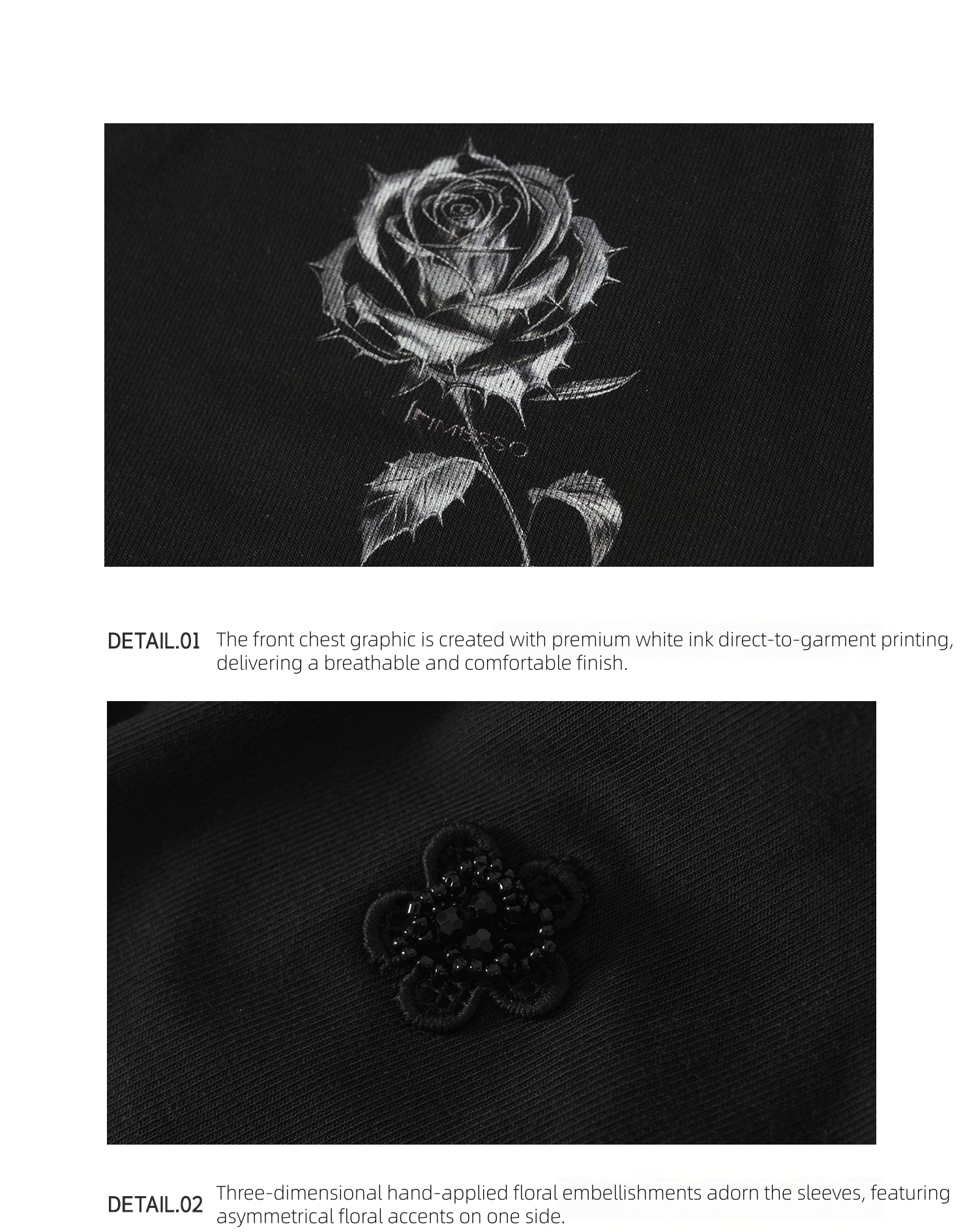 KIMUSSO Ice Thorn Rose 3D Floral Long-Sleeve Top