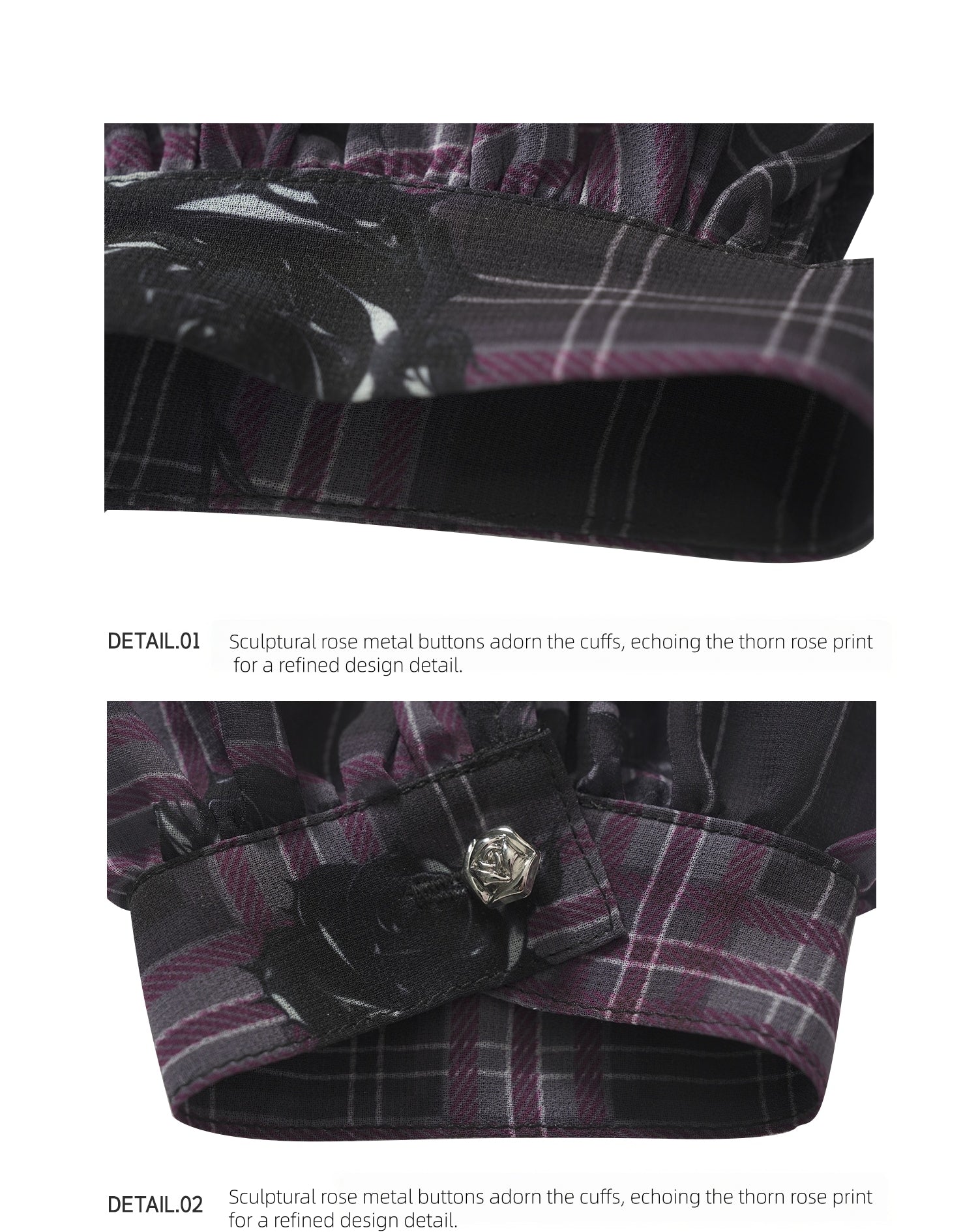 KIMUSSO “Sculptural Black Rose” Purple Plaid Halter Neck Off-Shoulder Top