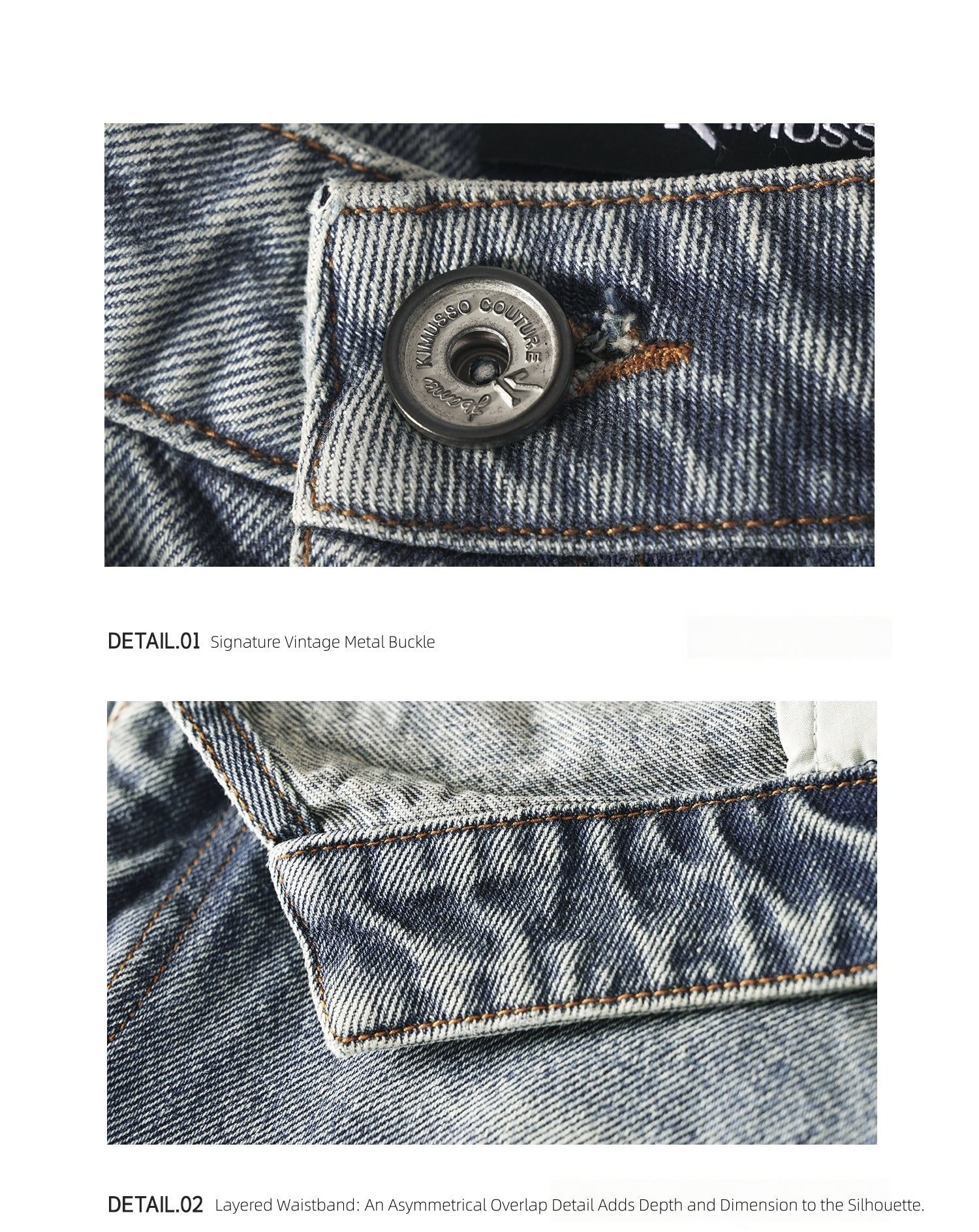 KIMUSSO Layered-Waist Distressed Denim Trousers with a Straight-Leg Silhouette