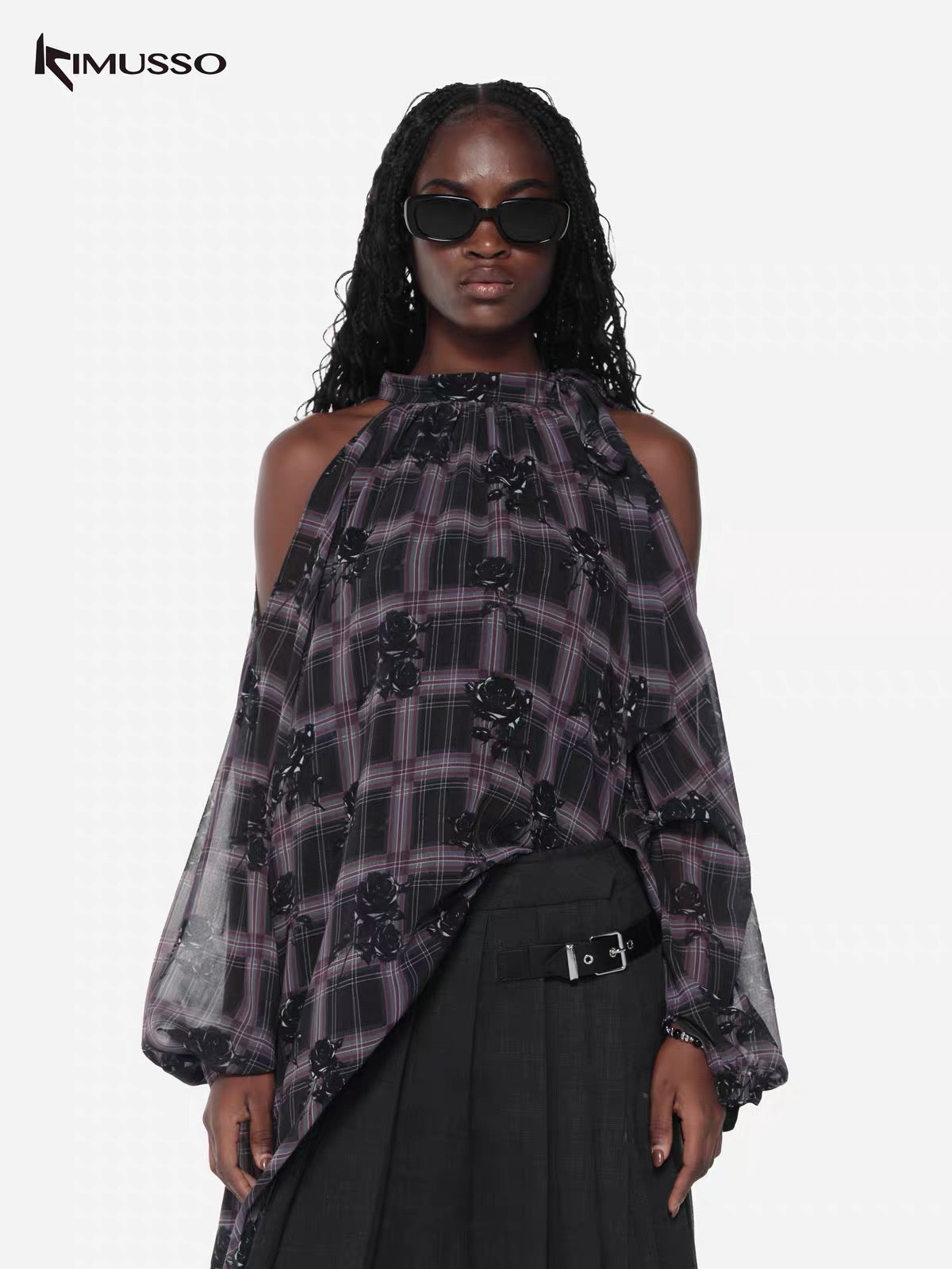 KIMUSSO Thorn checkered shadow off-the-shoulder top