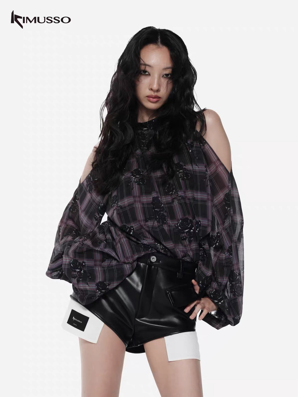 KIMUSSO Thorn checkered shadow off-the-shoulder top