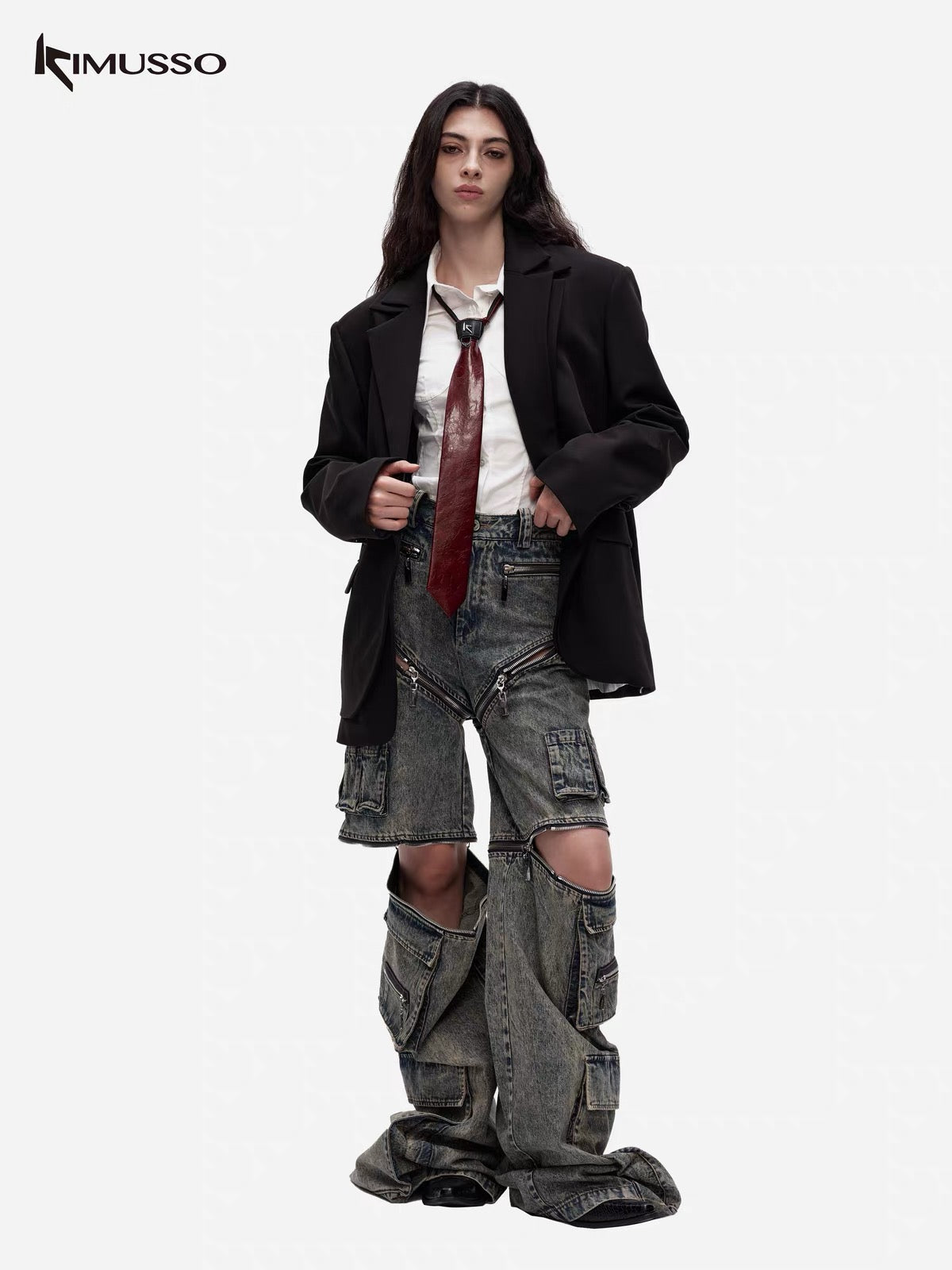 KIMUSSO Zippered workwear wide-leg pants