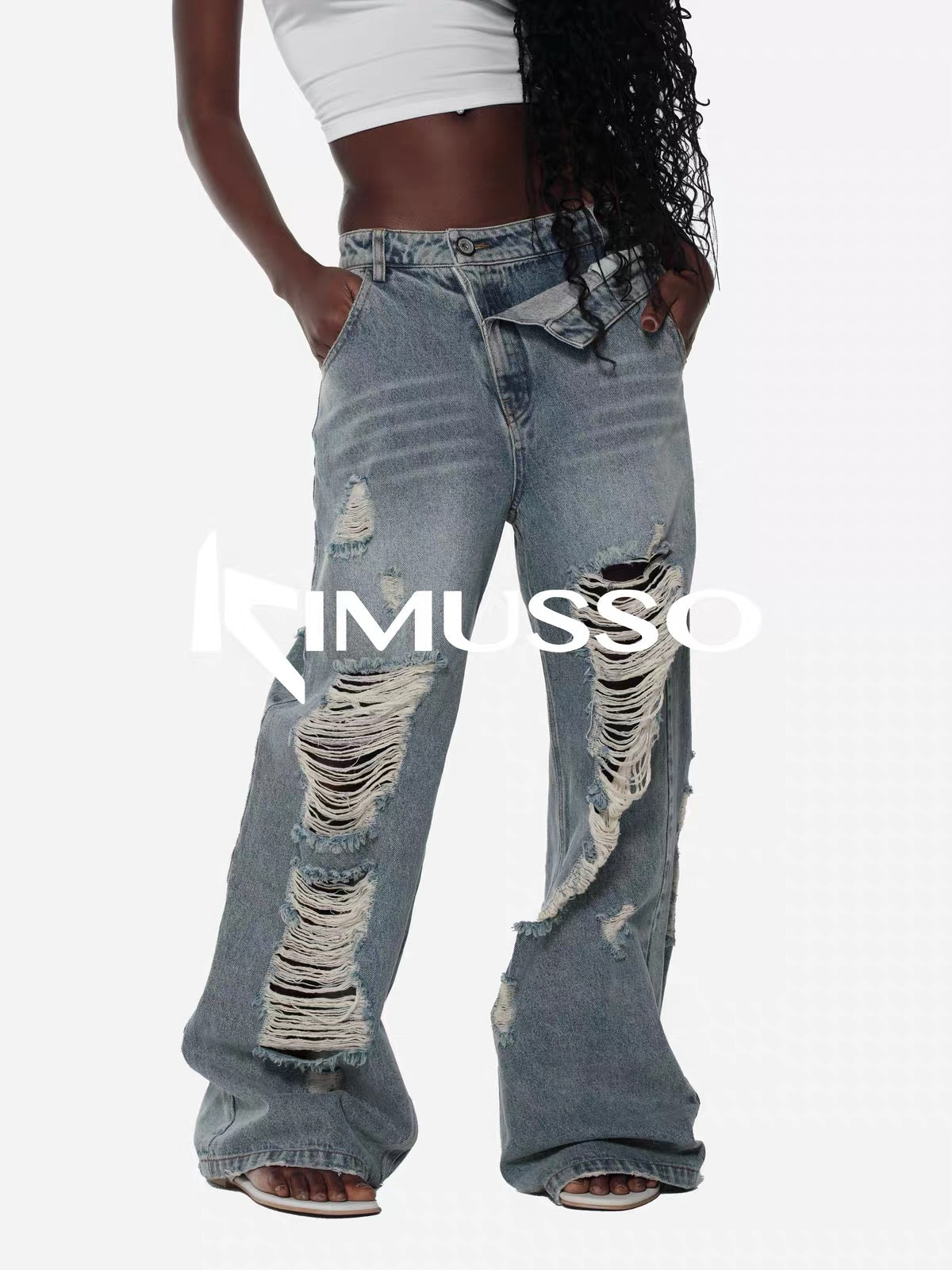 KIMUSSO layered waisthole jeans
