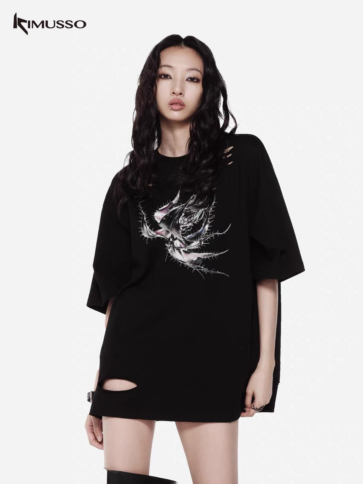 KIMUSSO Thorn Print Loose Short-sleeved T-shirt Women