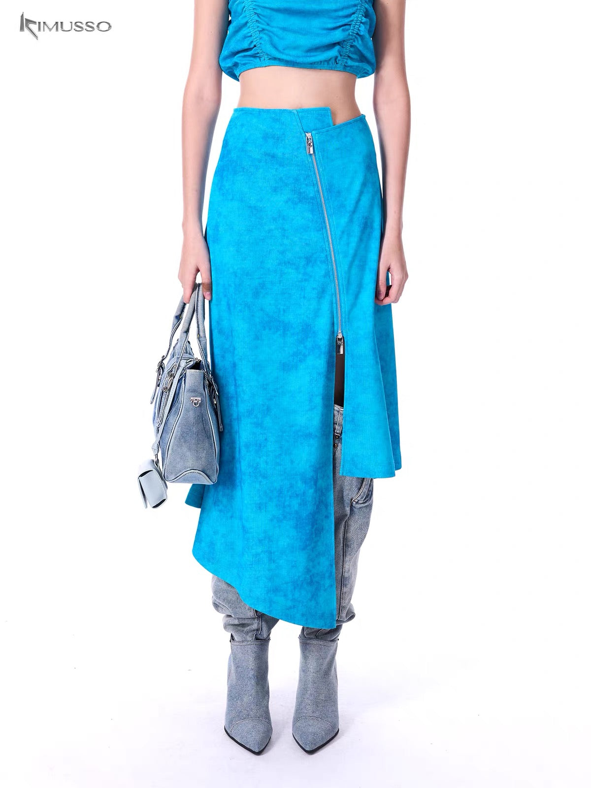 KIMUSSO Irregular Zipper Ink Dot Long Skirt Women