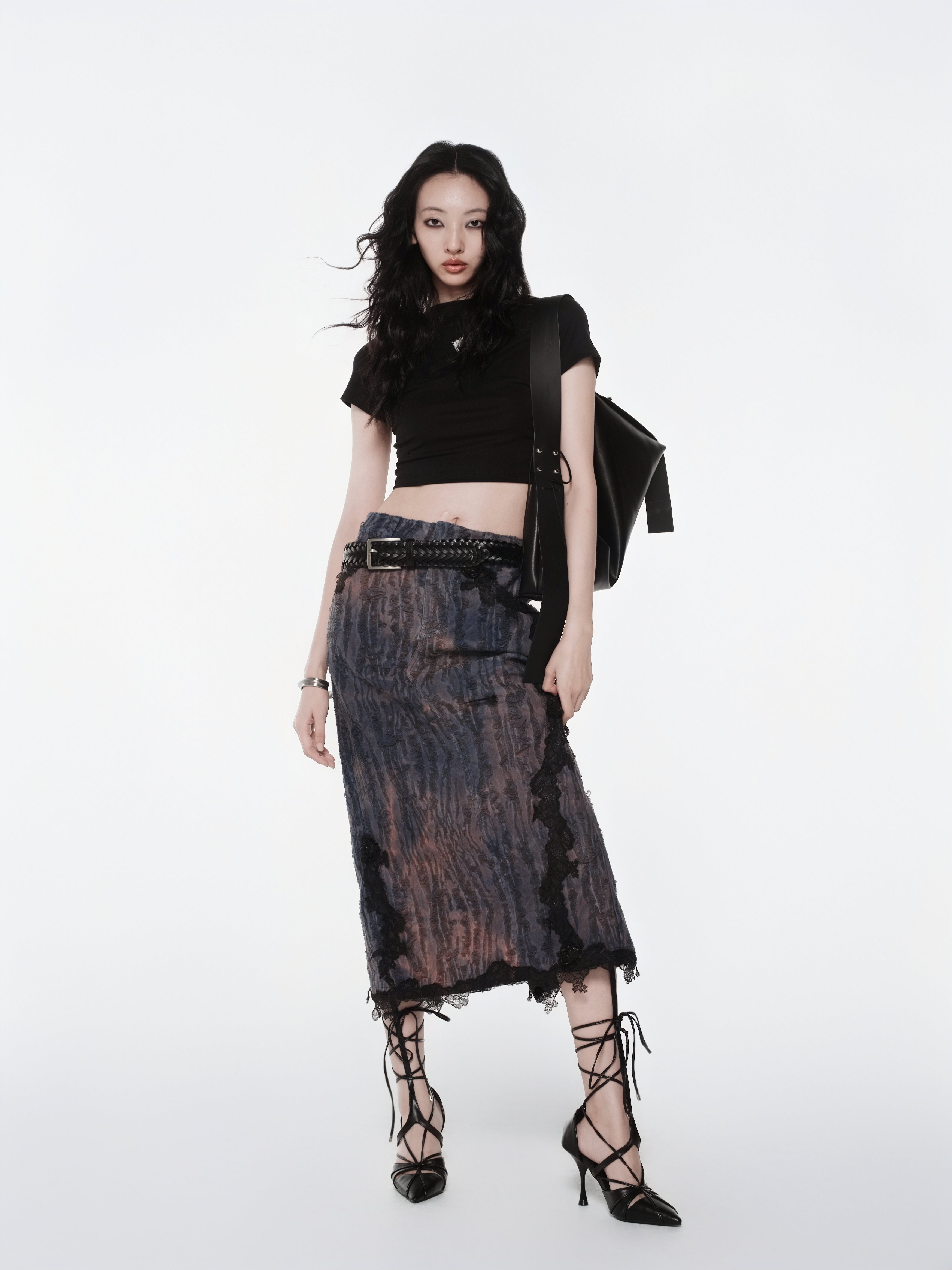 KIMUSSO “Mist Texture” Irregular Lace-Trim Maxi Skirt — Original Designer Piece