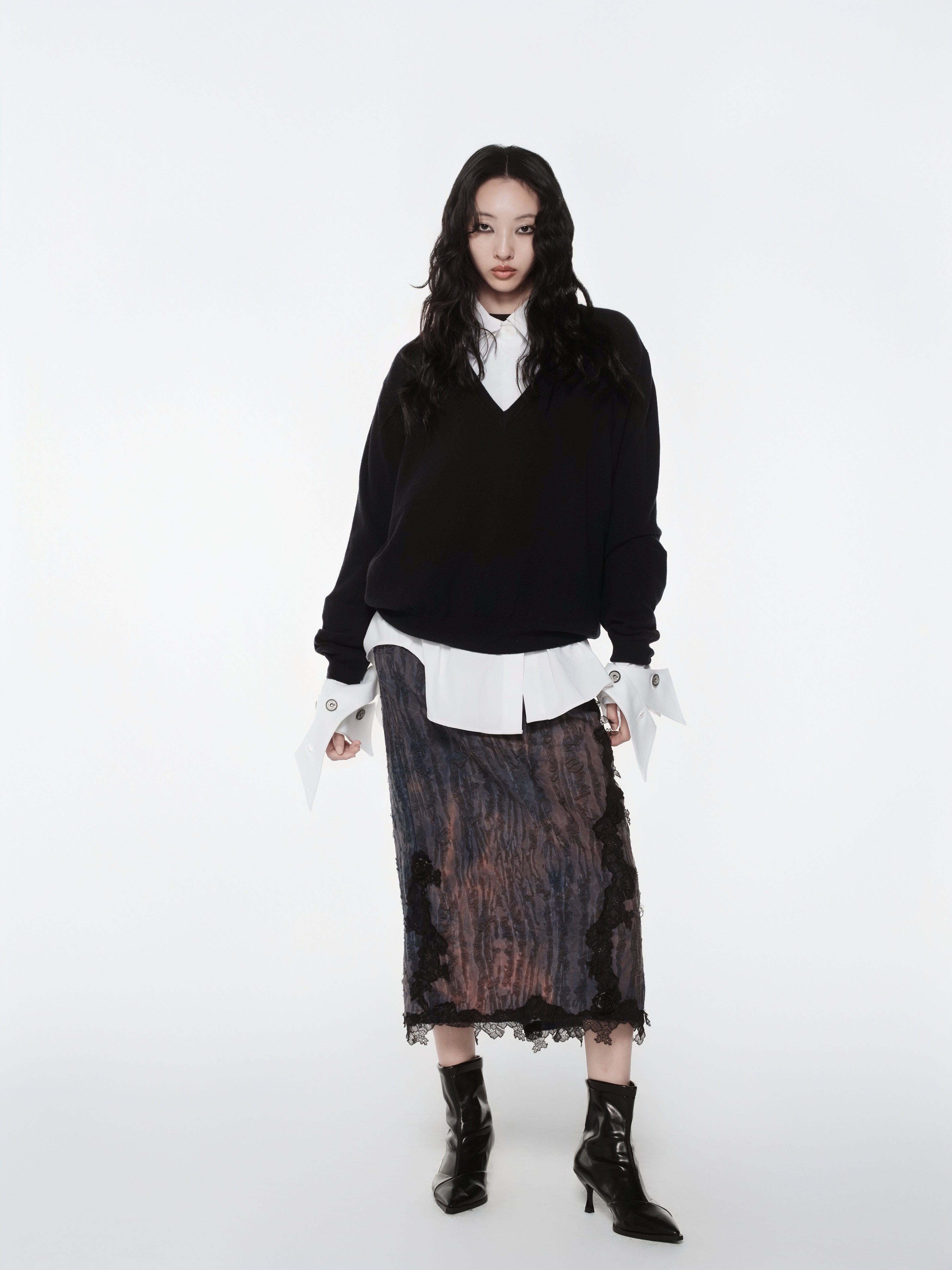 KIMUSSO “Mist Texture” Irregular Lace-Trim Maxi Skirt — Original Designer Piece