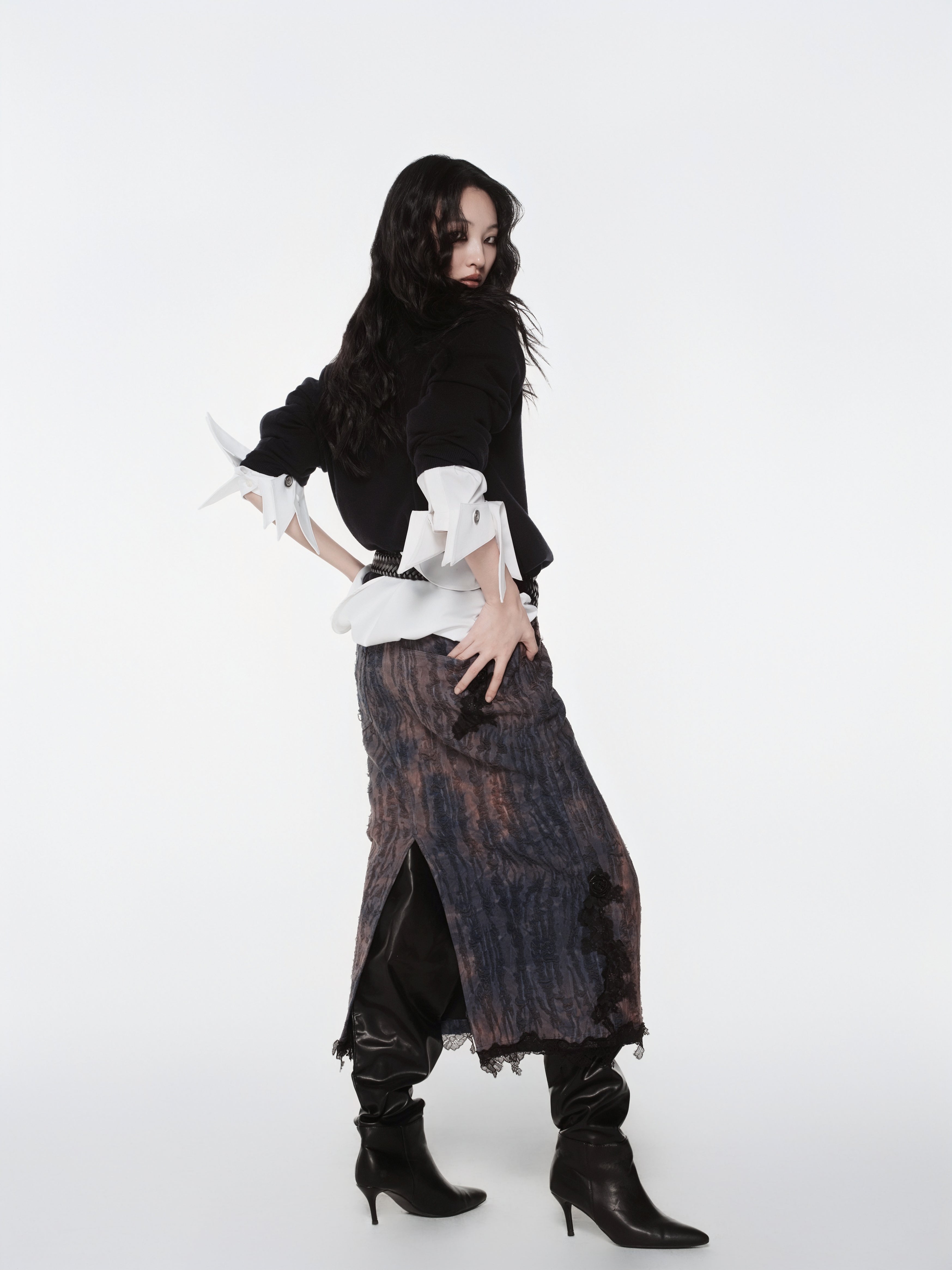 KIMUSSO “Mist Texture” Irregular Lace-Trim Maxi Skirt — Original Designer Piece