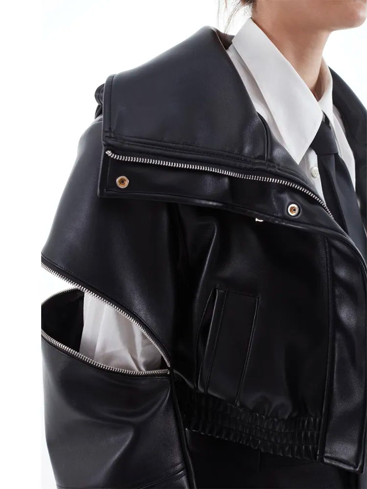 2025KIMUSSO International Fashion Week Autumn new heavy industry vintage standing collar motorcycle leather coat PU jacket jacket