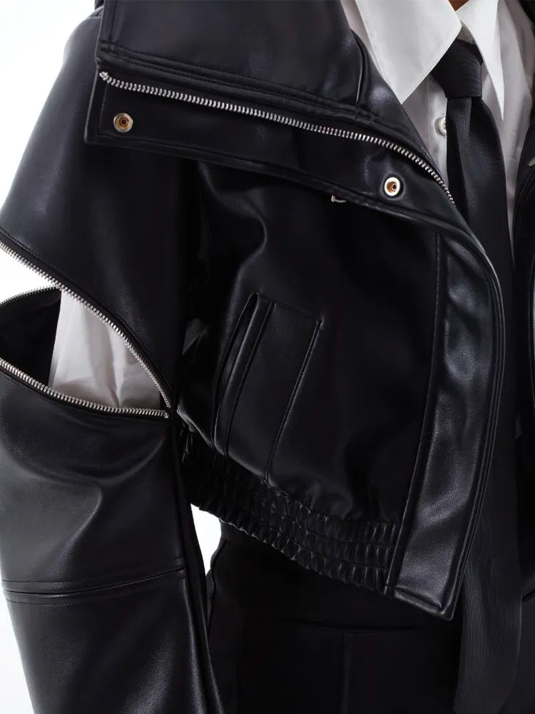 2025KIMUSSO International Fashion Week Autumn new heavy industry vintage standing collar motorcycle leather coat PU jacket jacket