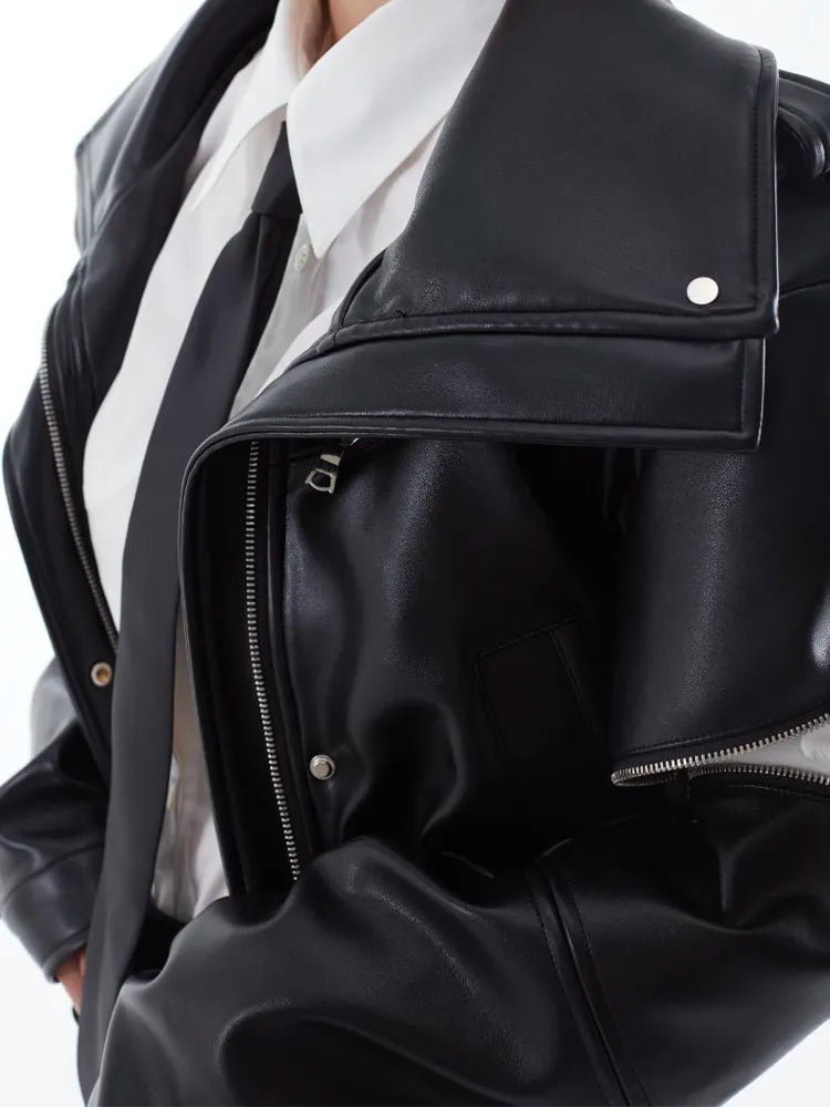 2025KIMUSSO International Fashion Week Autumn new heavy industry vintage standing collar motorcycle leather coat PU jacket jacket