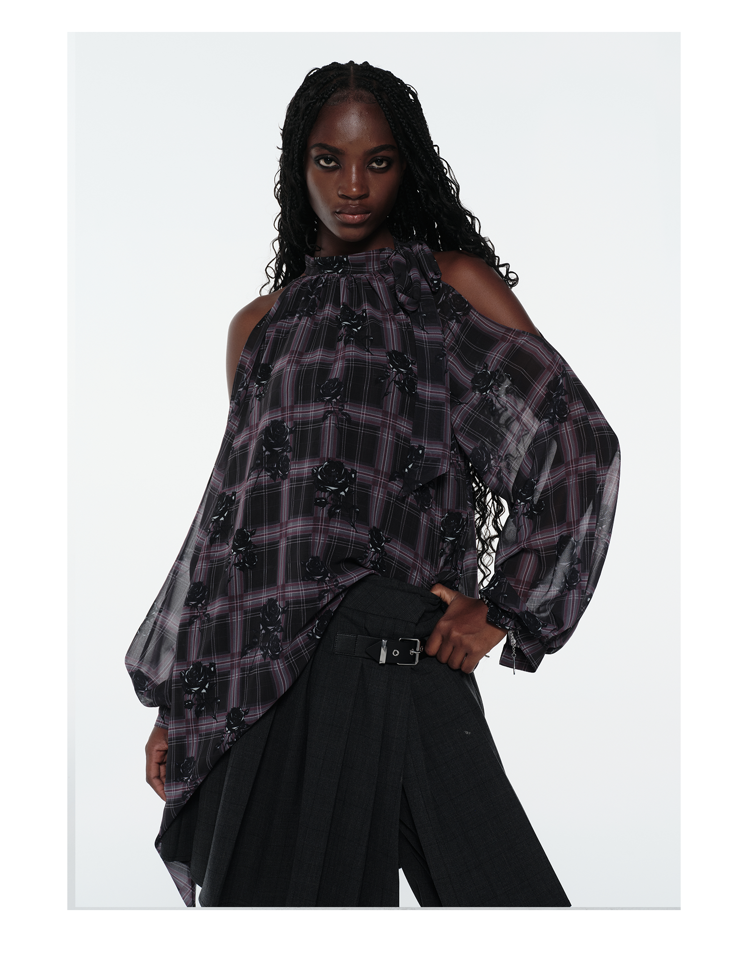 KIMUSSO “Sculptural Black Rose” Purple Plaid Halter Neck Off-Shoulder Top
