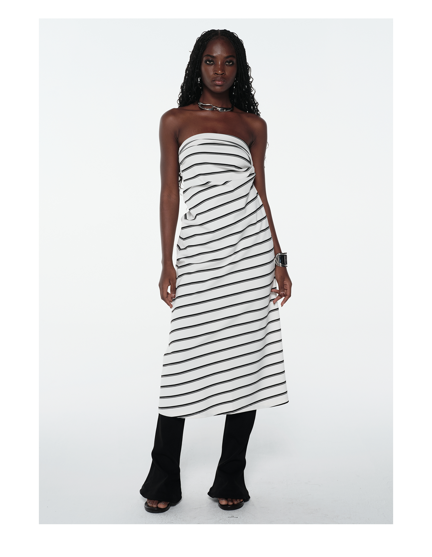 KIMUSSO “Ink & Ivory” Relaxed Striped Slim-Fit Maxi Dress — Original Designer Piece