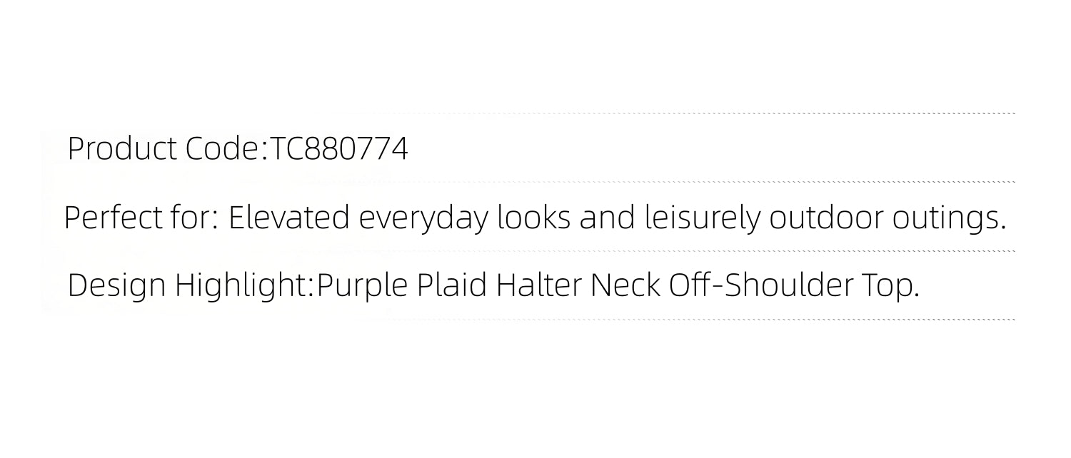 KIMUSSO “Sculptural Black Rose” Purple Plaid Halter Neck Off-Shoulder Top