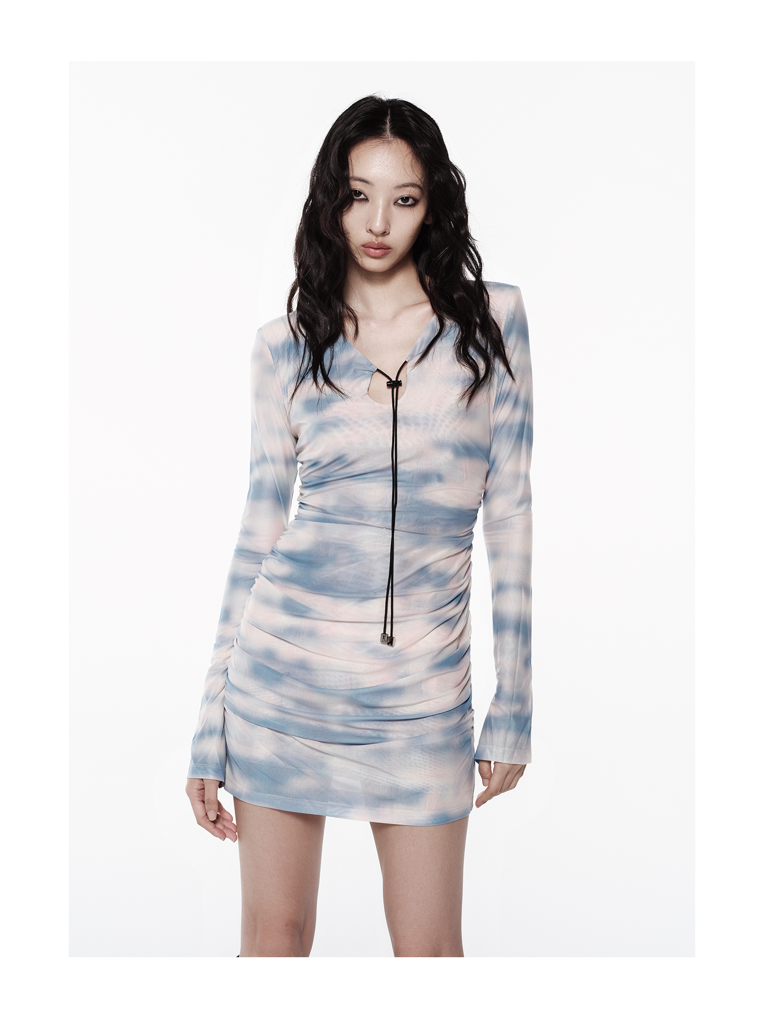 KIMUSSO Sunset Blue Ombre Drawstring Long Sleeve Dress