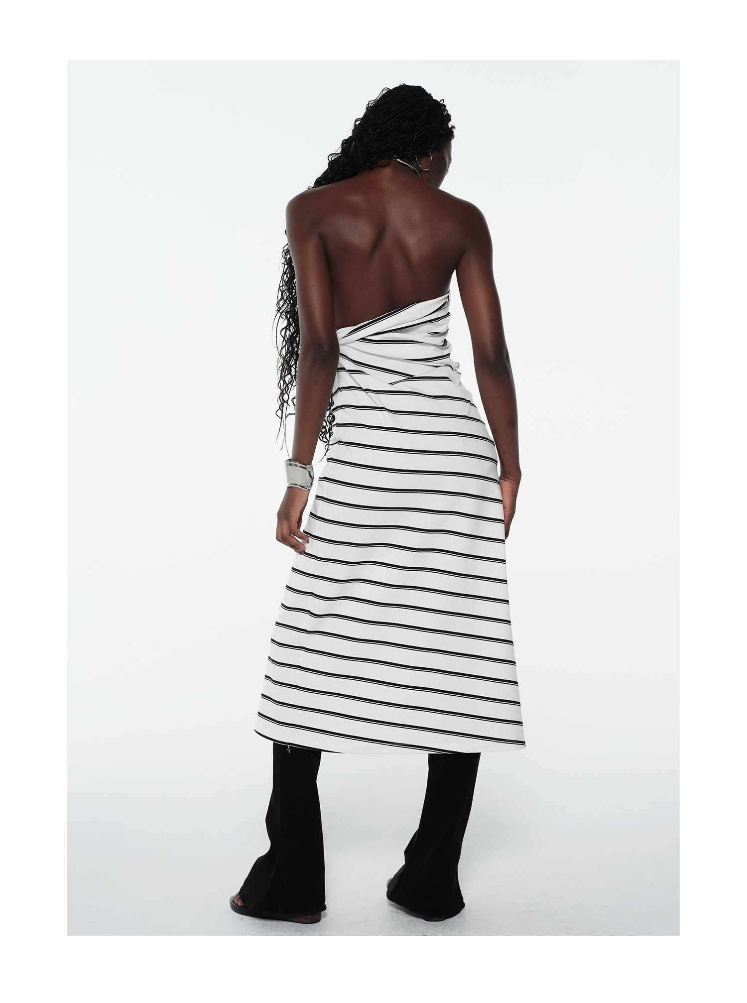 KIMUSSO “Ink & Ivory” Relaxed Striped Slim-Fit Maxi Dress — Original Designer Piece