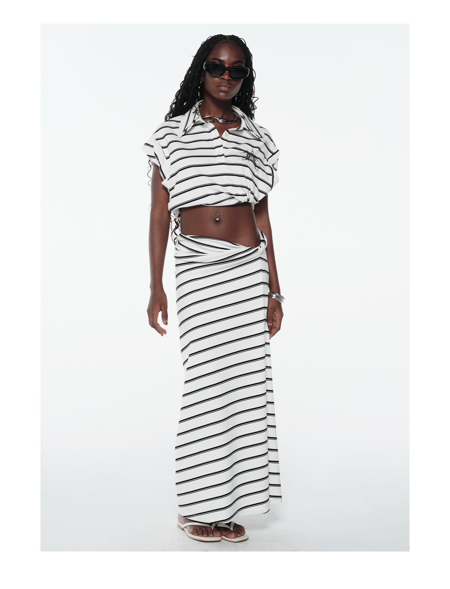 KIMUSSO “Ink & Ivory” Relaxed Striped Slim-Fit Maxi Dress — Original Designer Piece