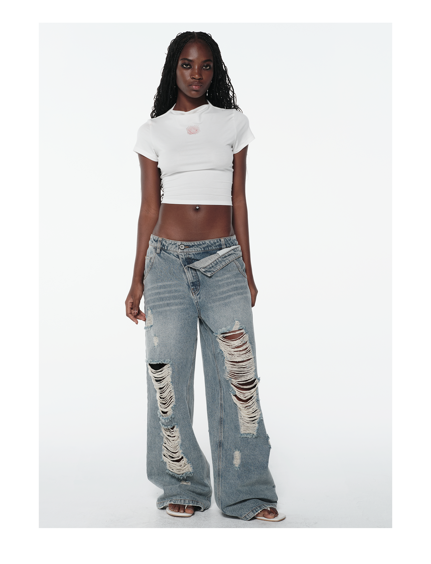 KIMUSSO Layered-Waist Distressed Denim Trousers with a Straight-Leg Silhouette