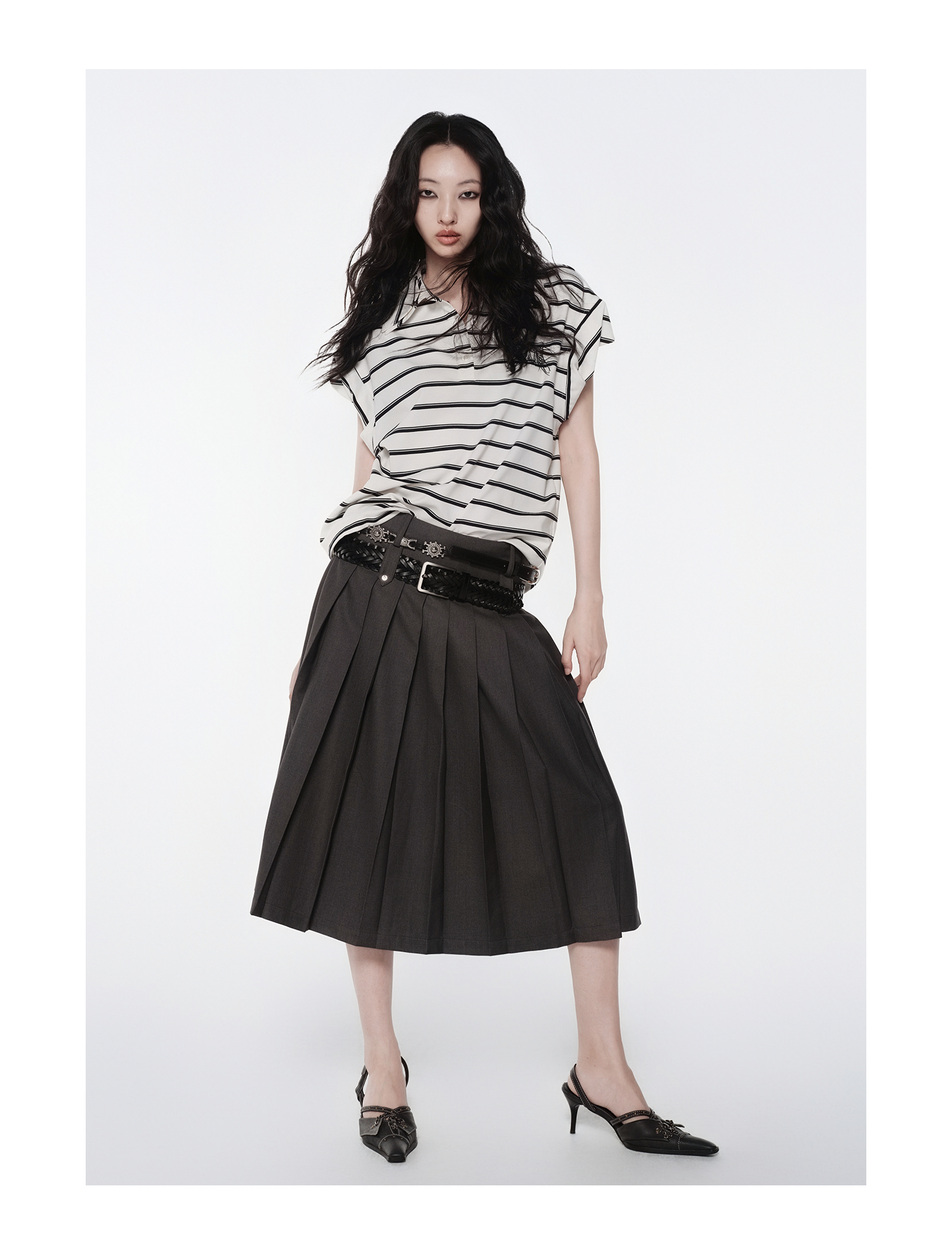Layered Collar Striped Polo Top | KIMUSSO