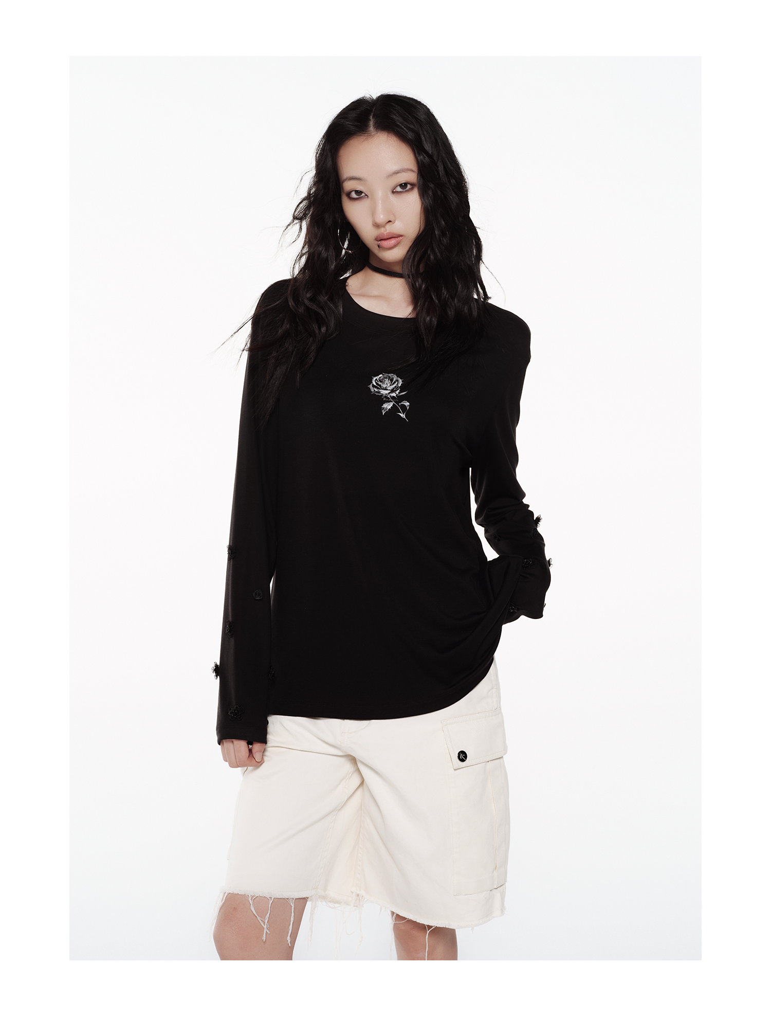 KIMUSSO Ice Thorn Rose 3D Floral Long-Sleeve Top