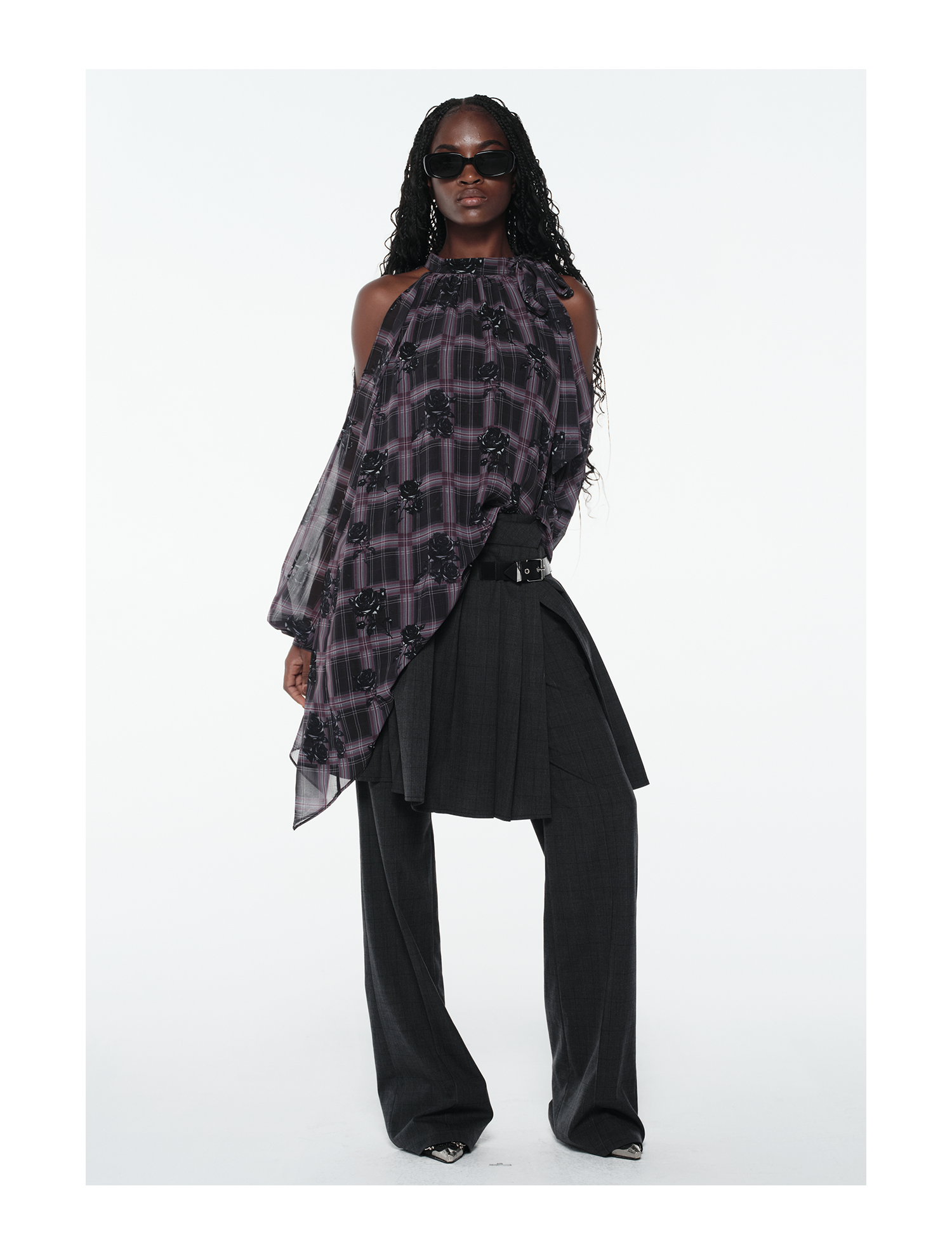 KIMUSSO “Sculptural Black Rose” Purple Plaid Halter Neck Off-Shoulder Top