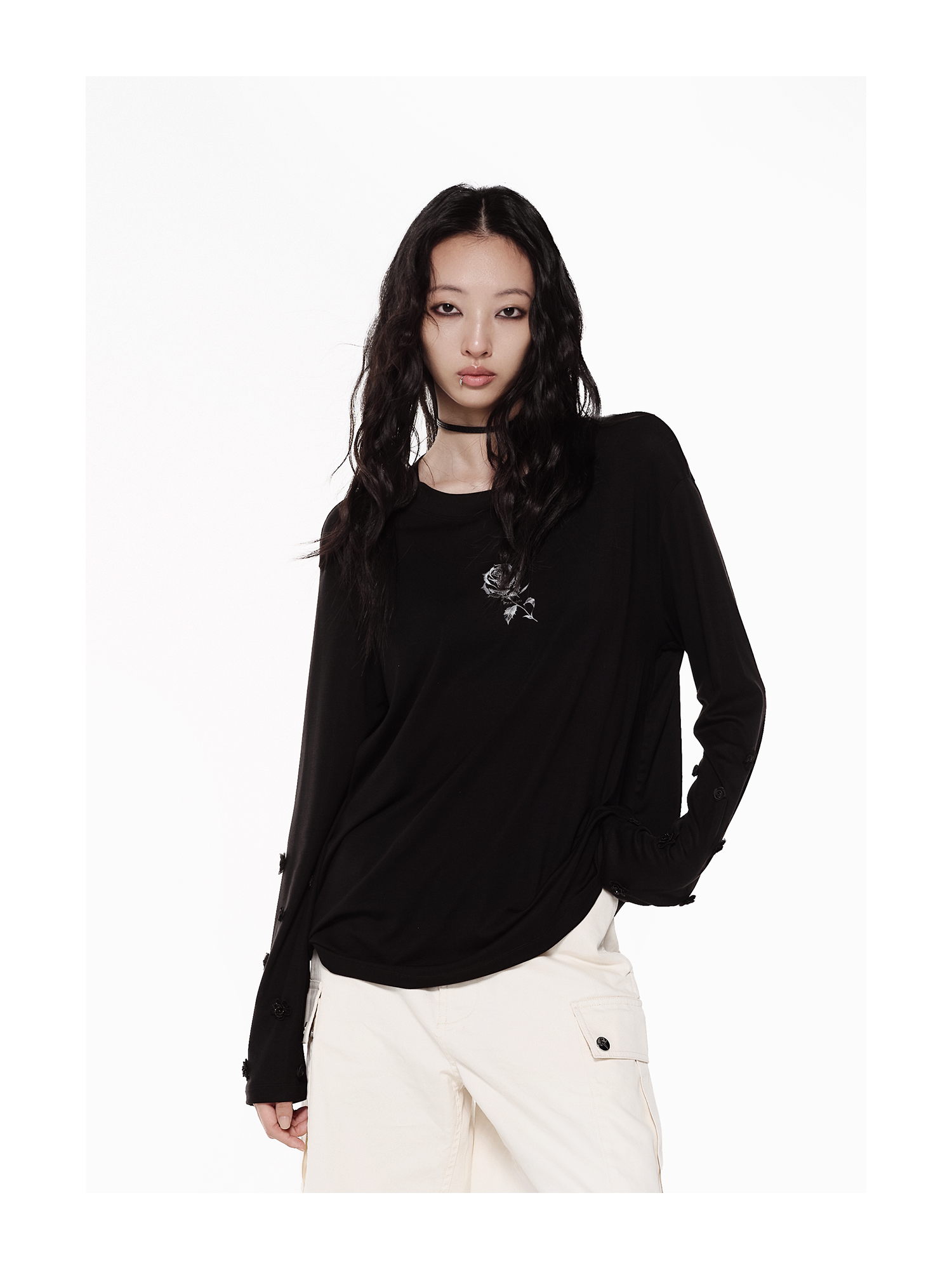 KIMUSSO Ice Thorn Rose 3D Floral Long-Sleeve Top