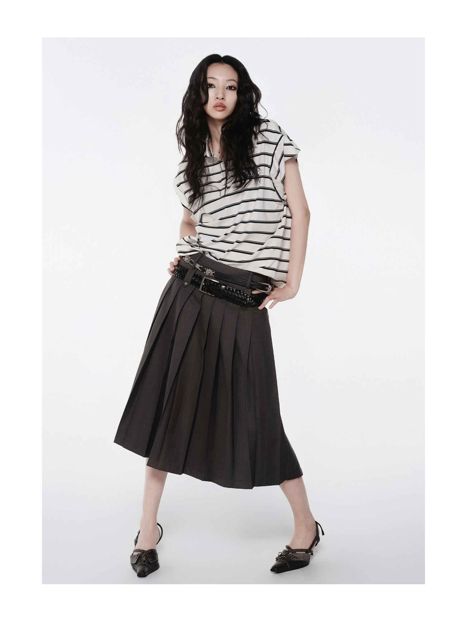 Layered Collar Striped Polo Top | KIMUSSO