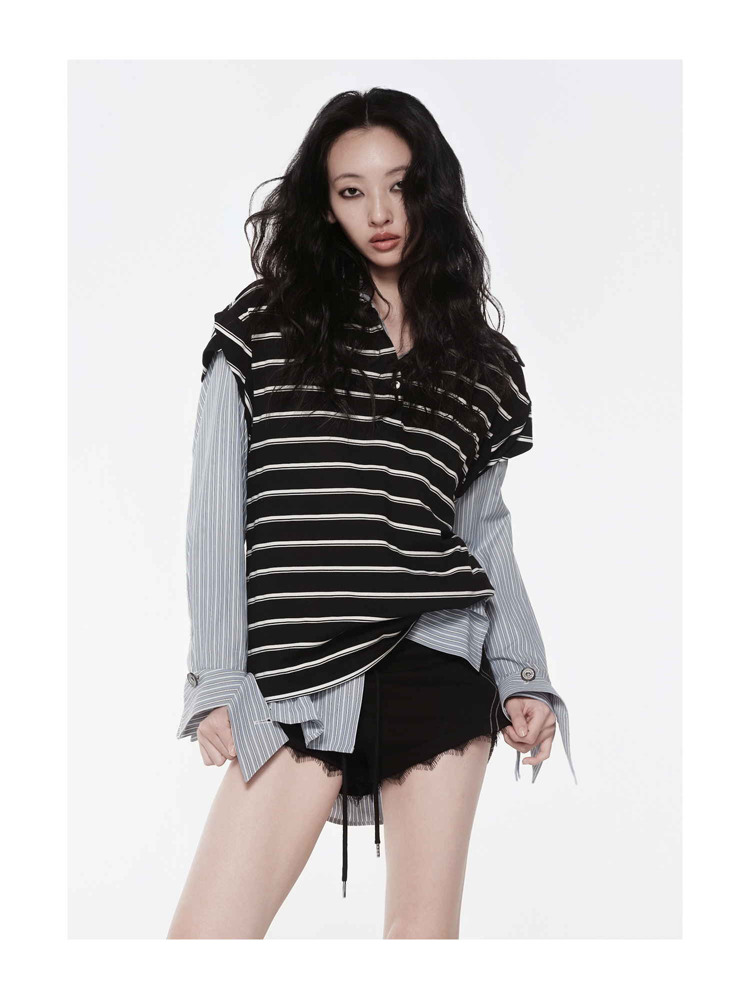Layered Collar Striped Polo Top | KIMUSSO