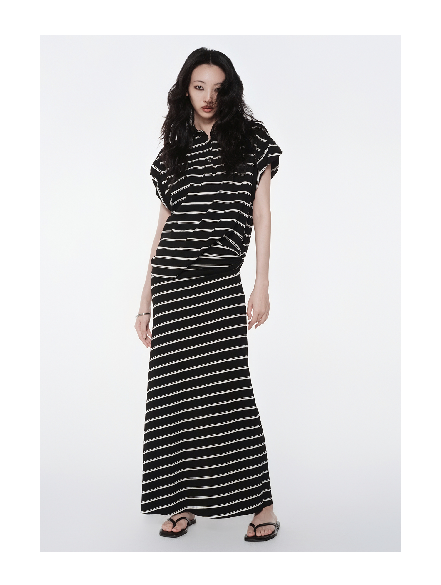 KIMUSSO “Ink & Ivory” Relaxed Striped Slim-Fit Maxi Dress — Original Designer Piece