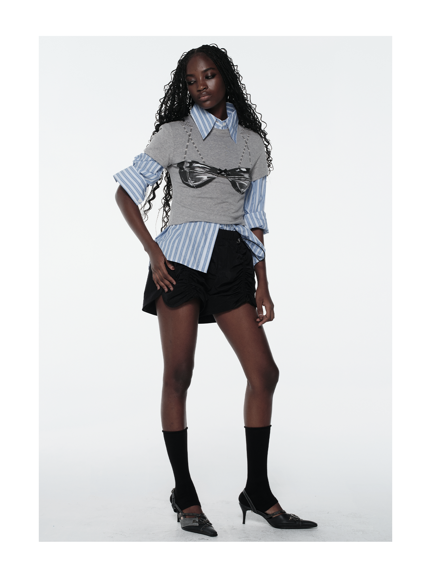 Leather Bustier Graphic Cropped Long-Sleeve Top | KIMUSSO
