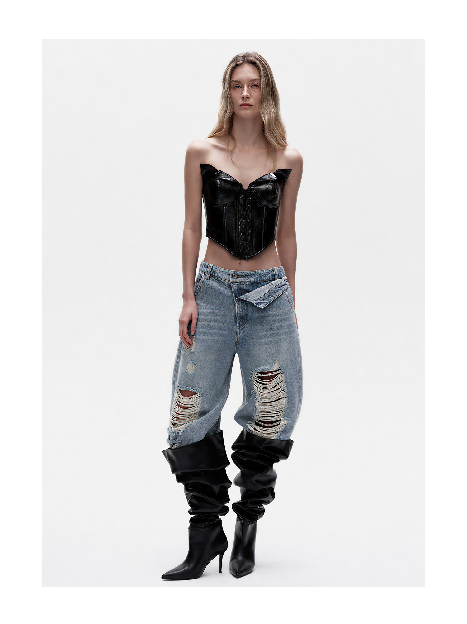 KIMUSSO Layered-Waist Distressed Denim Trousers with a Straight-Leg Silhouette