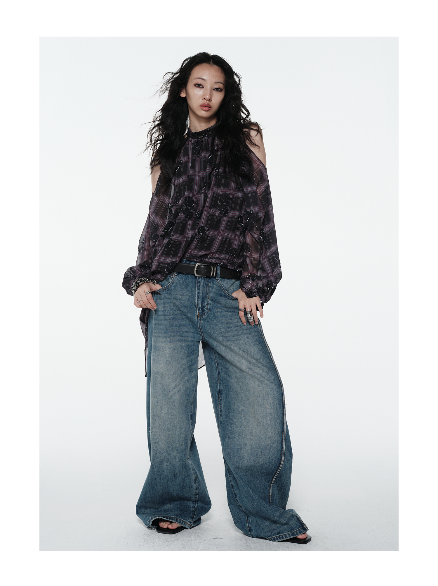 KIMUSSO “Sculptural Black Rose” Purple Plaid Halter Neck Off-Shoulder Top