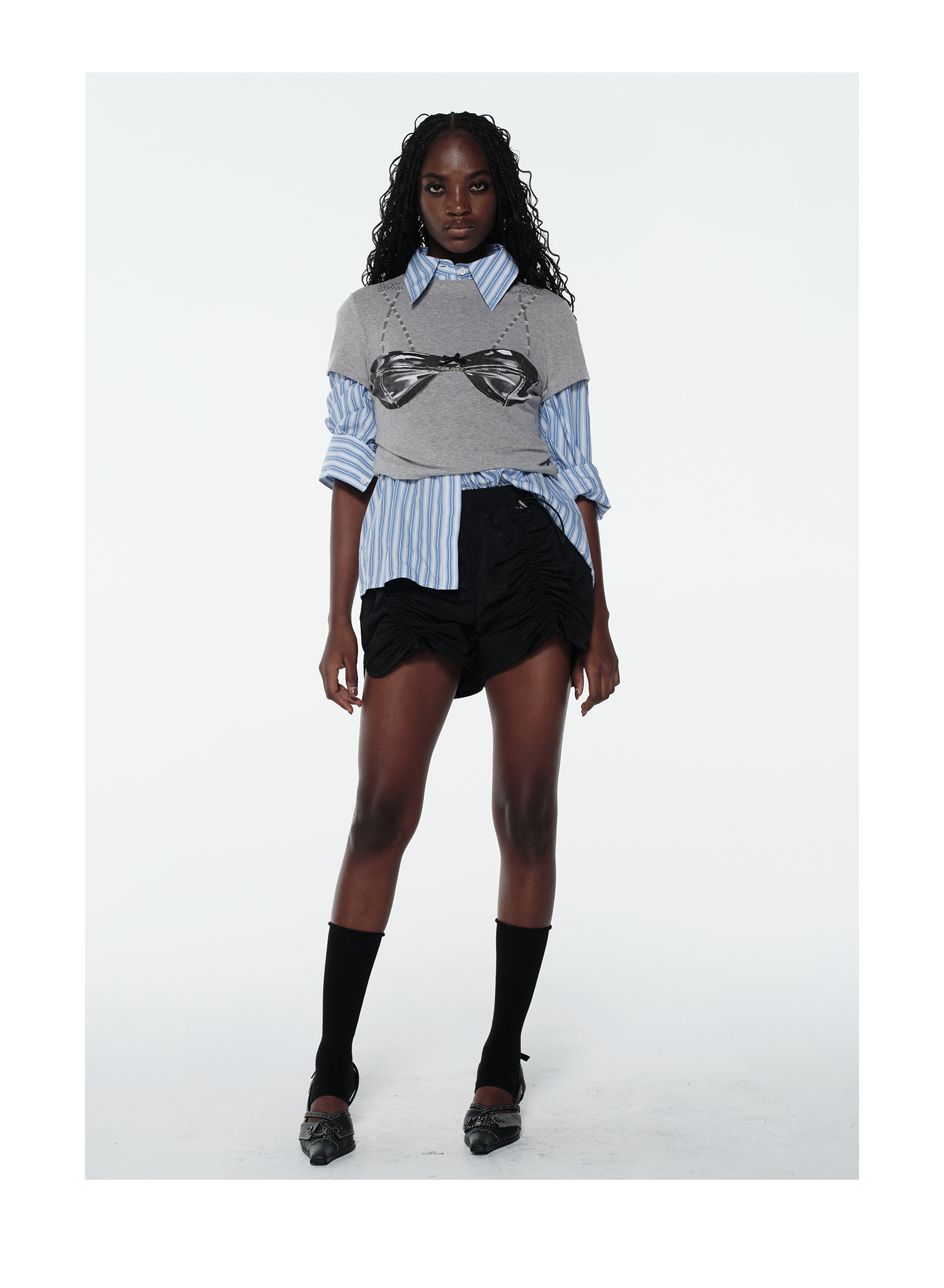Leather Bustier Graphic Cropped Long-Sleeve Top | KIMUSSO