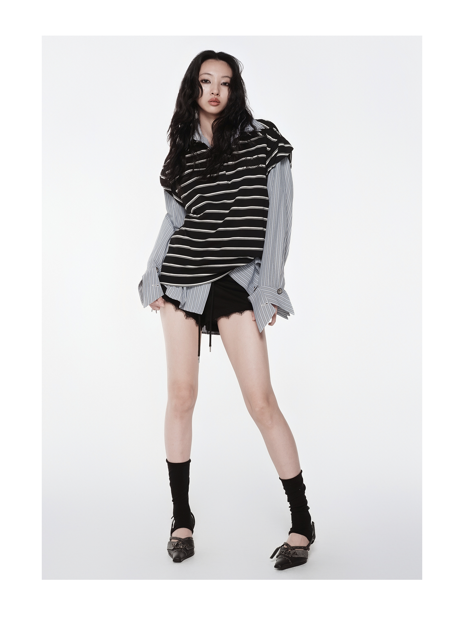 Layered Collar Striped Polo Top | KIMUSSO
