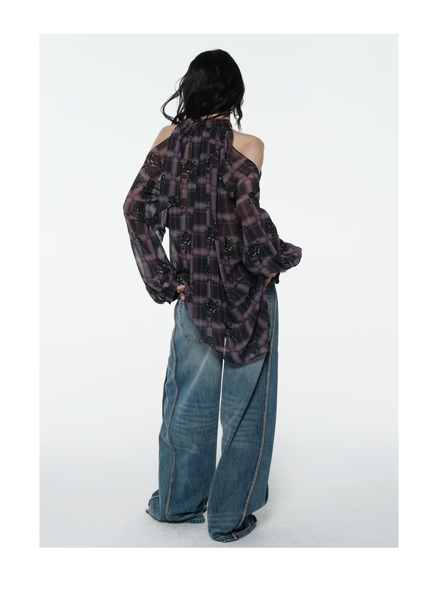 KIMUSSO “Sculptural Black Rose” Purple Plaid Halter Neck Off-Shoulder Top