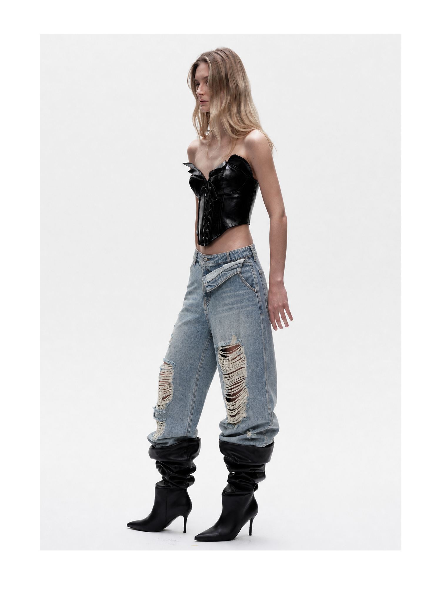 KIMUSSO Layered-Waist Distressed Denim Trousers with a Straight-Leg Silhouette