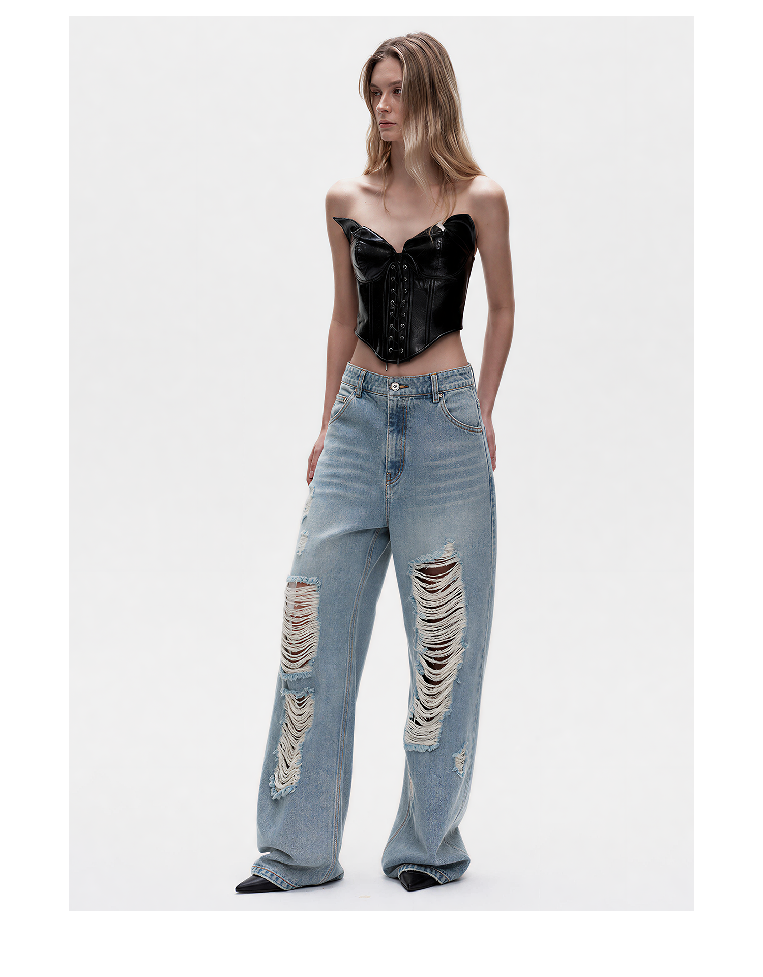KIMUSSO Layered-Waist Distressed Denim Trousers with a Straight-Leg Silhouette