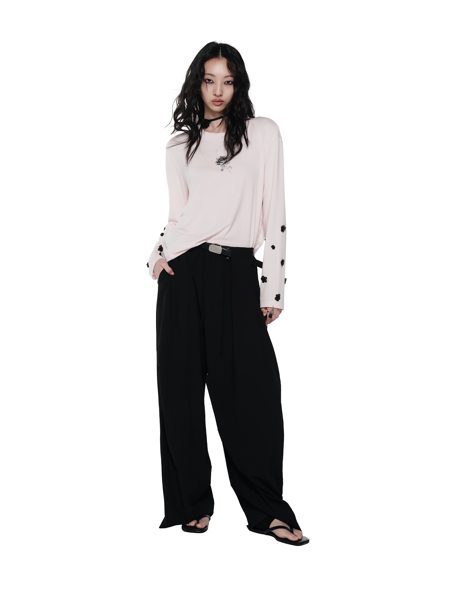 KIMUSSO Ice Thorn Rose 3D Floral Long-Sleeve Top