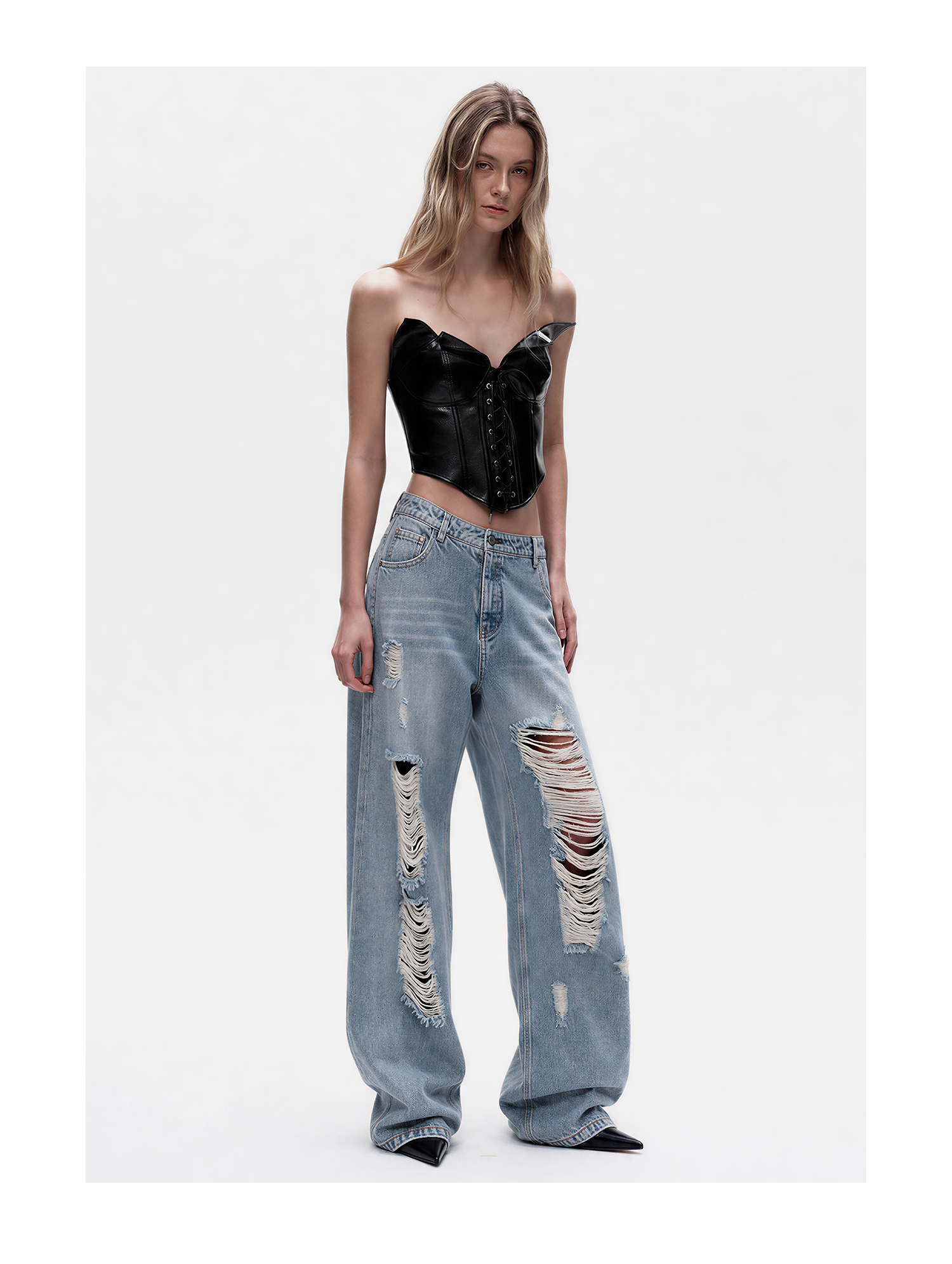 KIMUSSO Layered-Waist Distressed Denim Trousers with a Straight-Leg Silhouette
