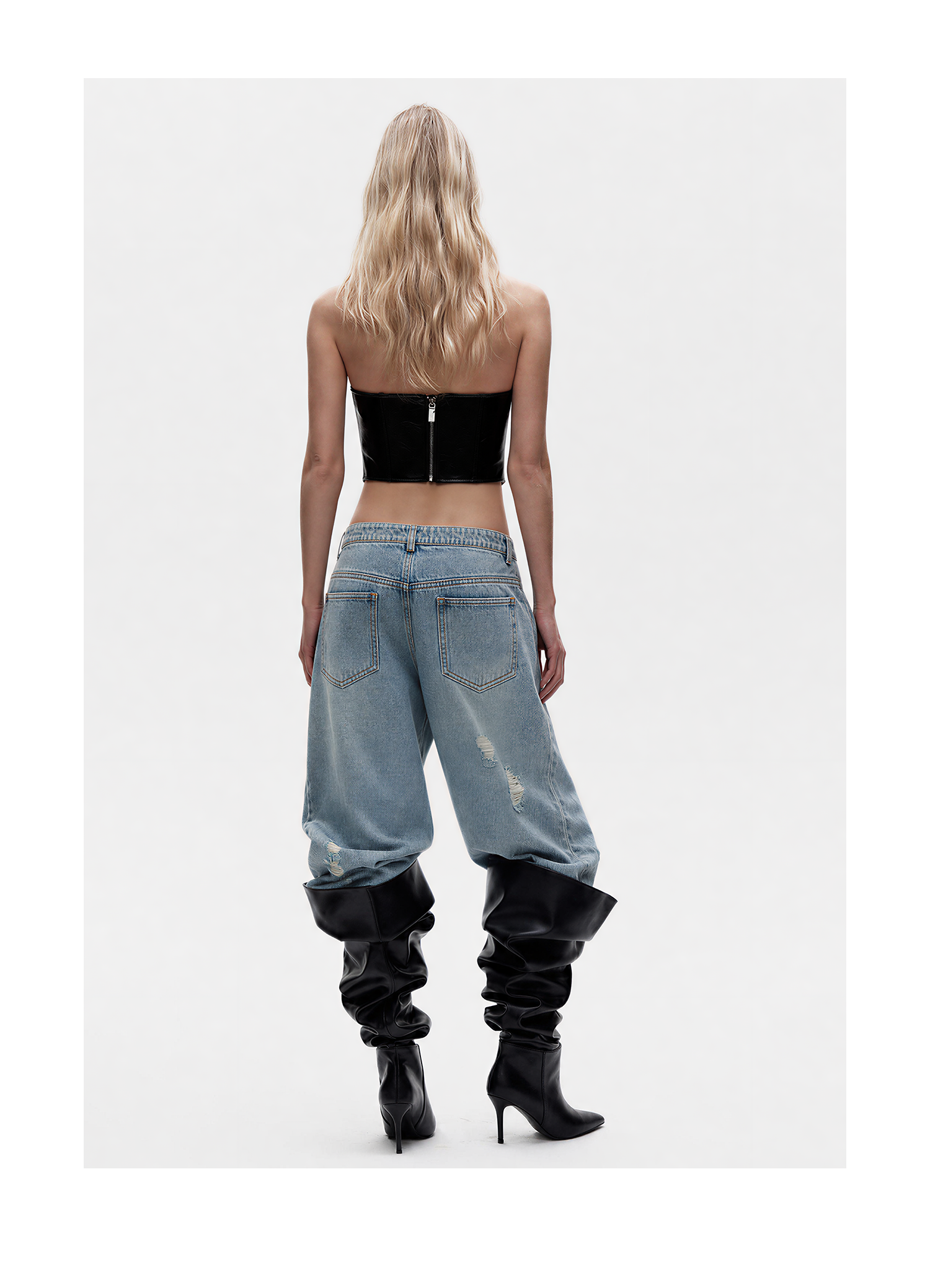 KIMUSSO Layered-Waist Distressed Denim Trousers with a Straight-Leg Silhouette