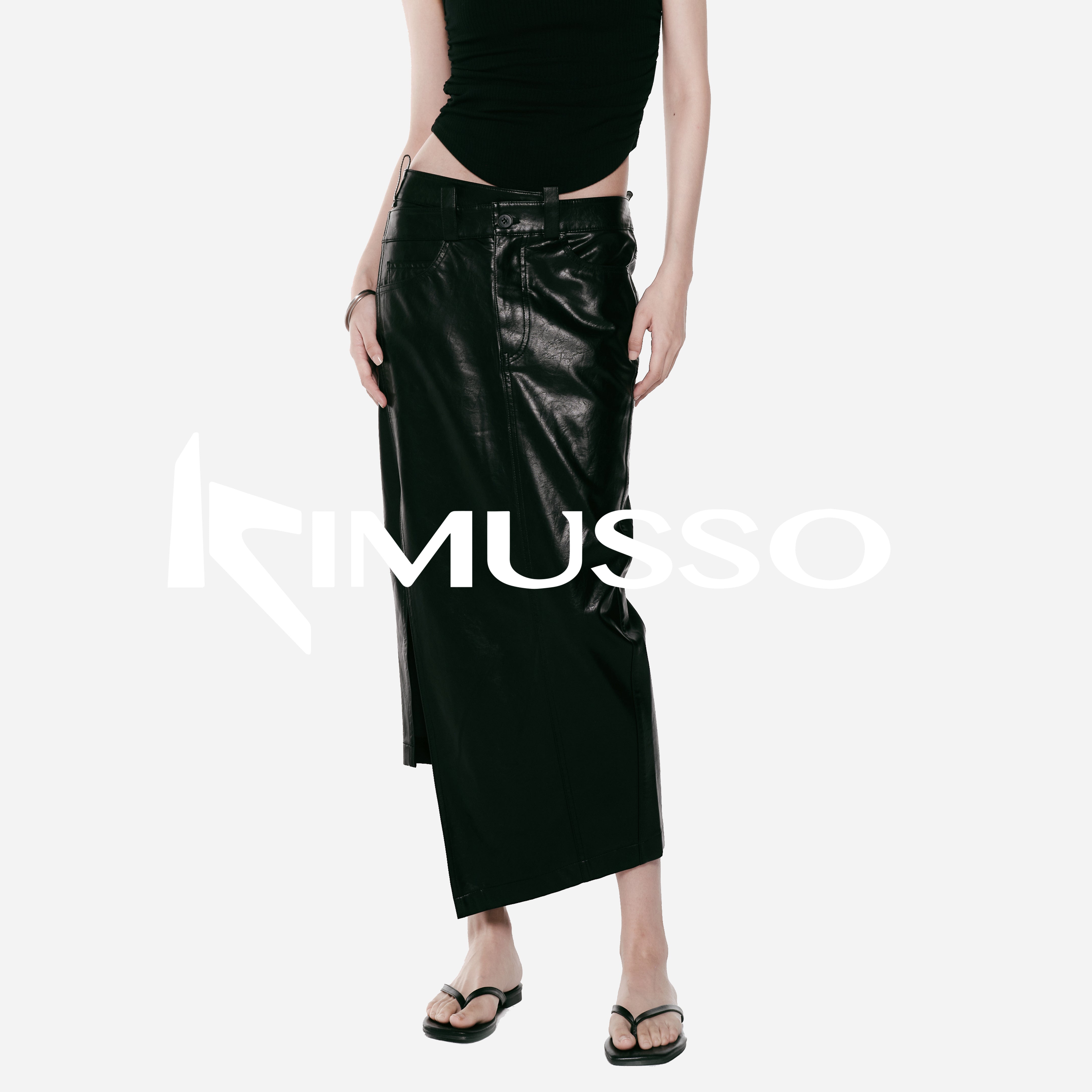 KIMUSSO “Black Thorn Midnight” Asymmetric PU Leather Maxi Skirt