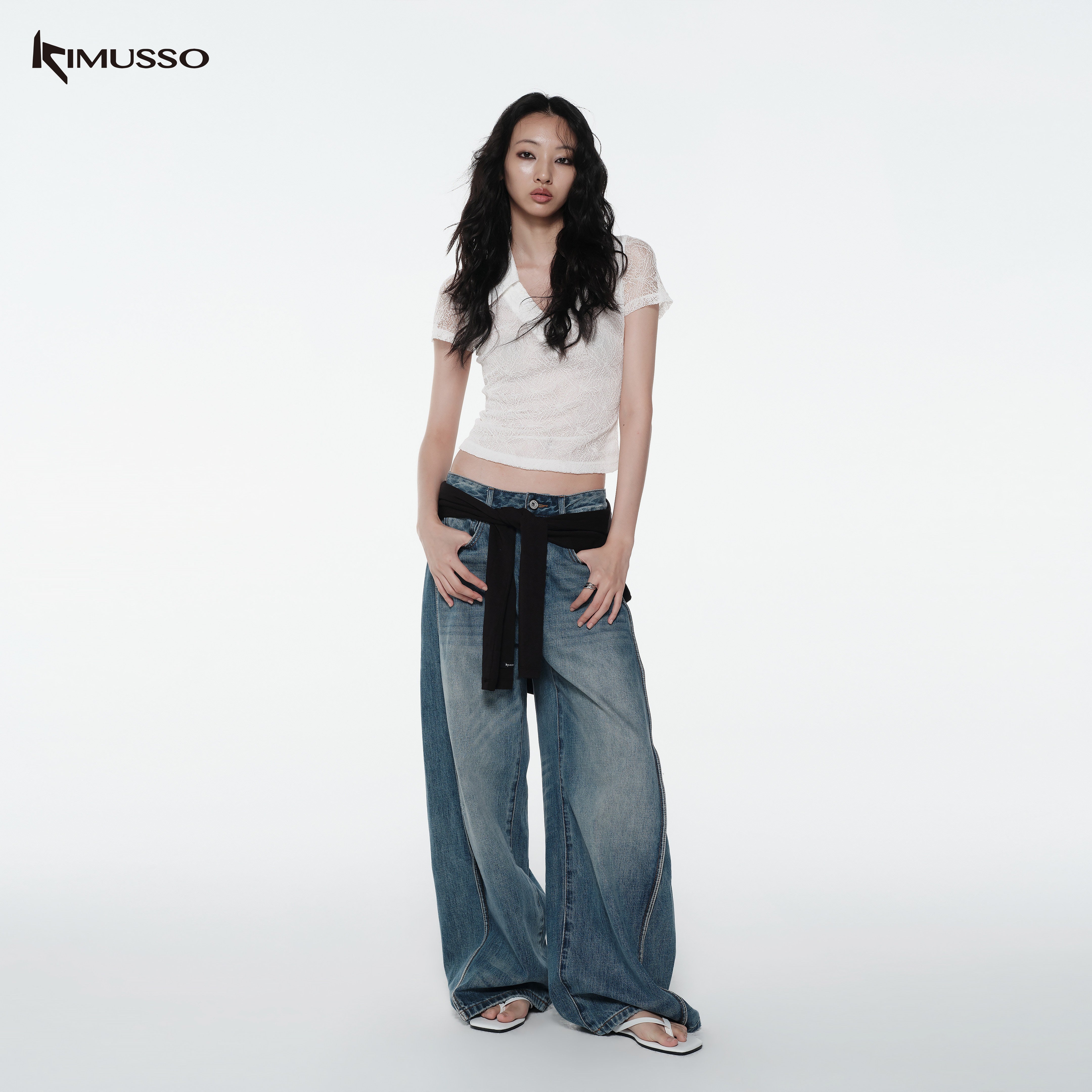 KIMUSSO “Sculptural Twist” Wide-Leg Denim Trousers